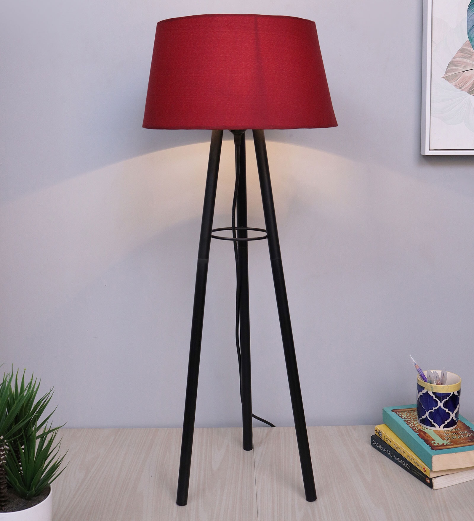 Red Shade Table Lamp With Metal Base