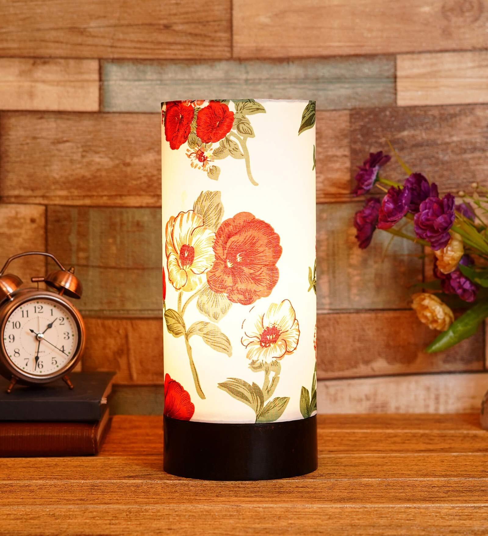 Demis Red Fabric Shade Table Lamp With Wood Base
