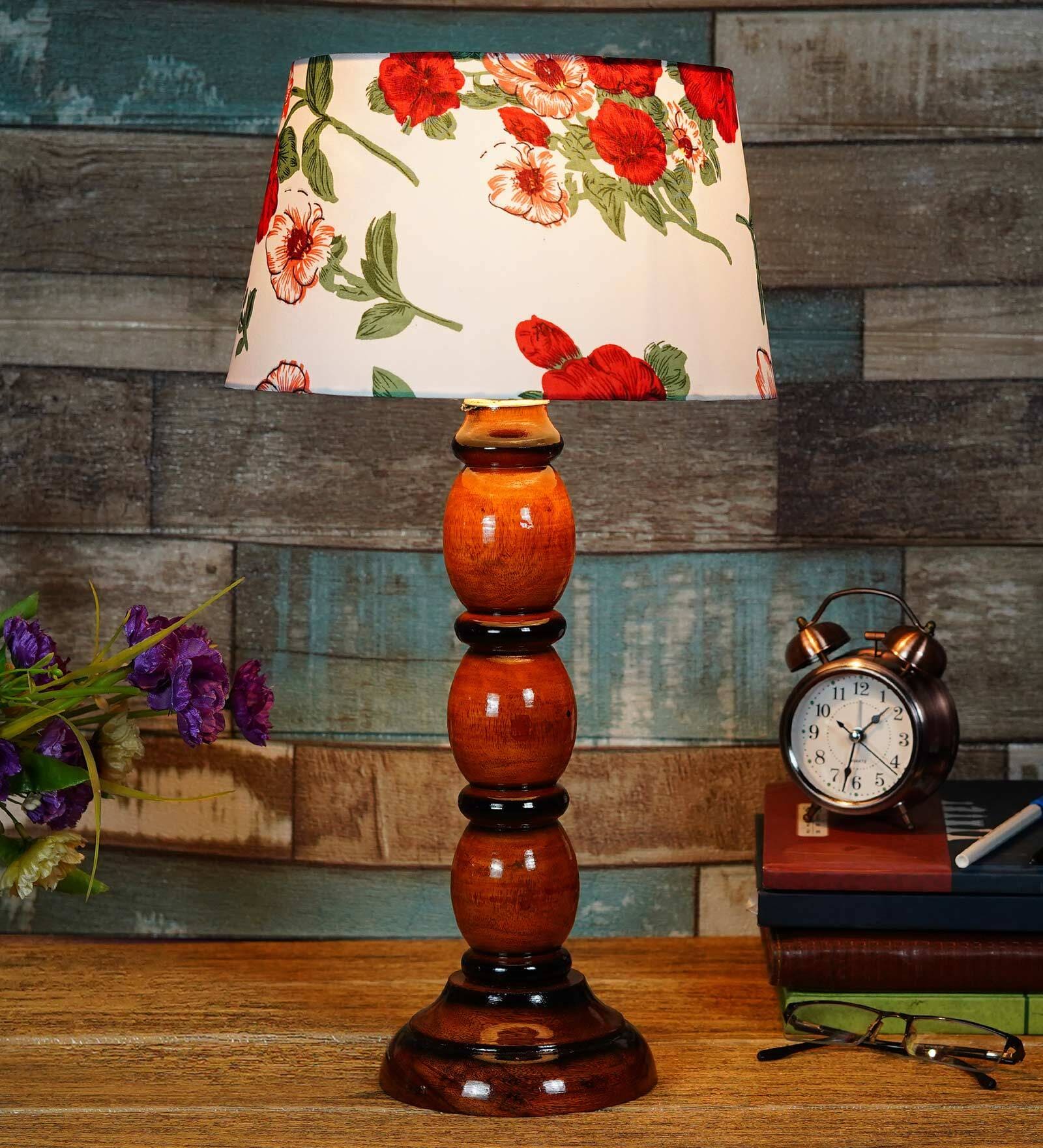 Colonial Red Fabric Shade Night Lamp With Wood Base