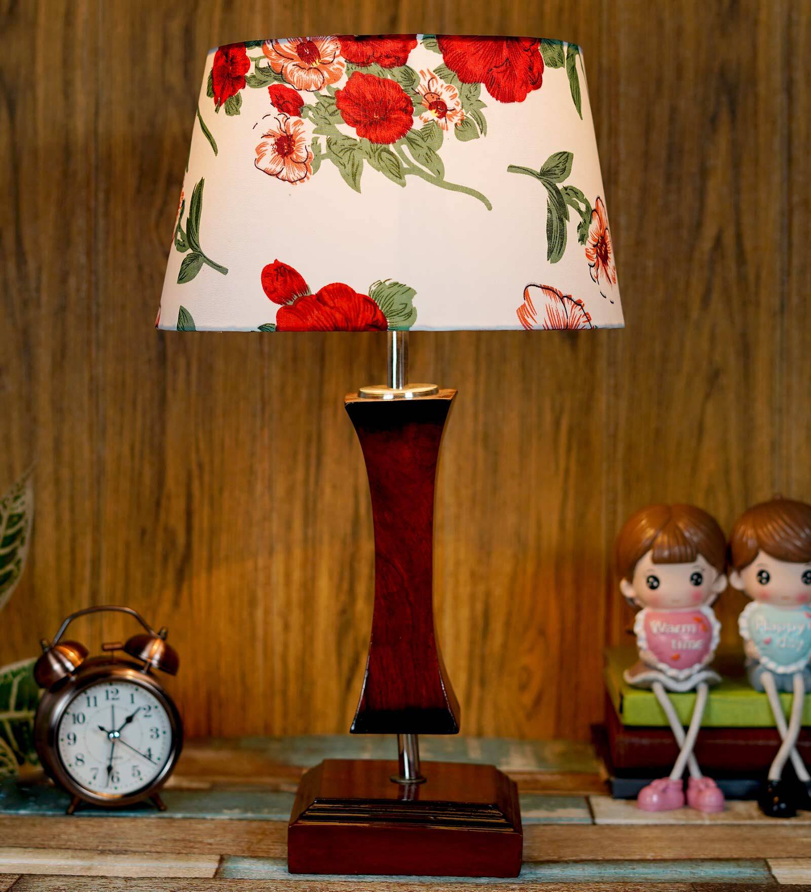 Lecce Red Fabric Shade Night Lamp With Wood Base