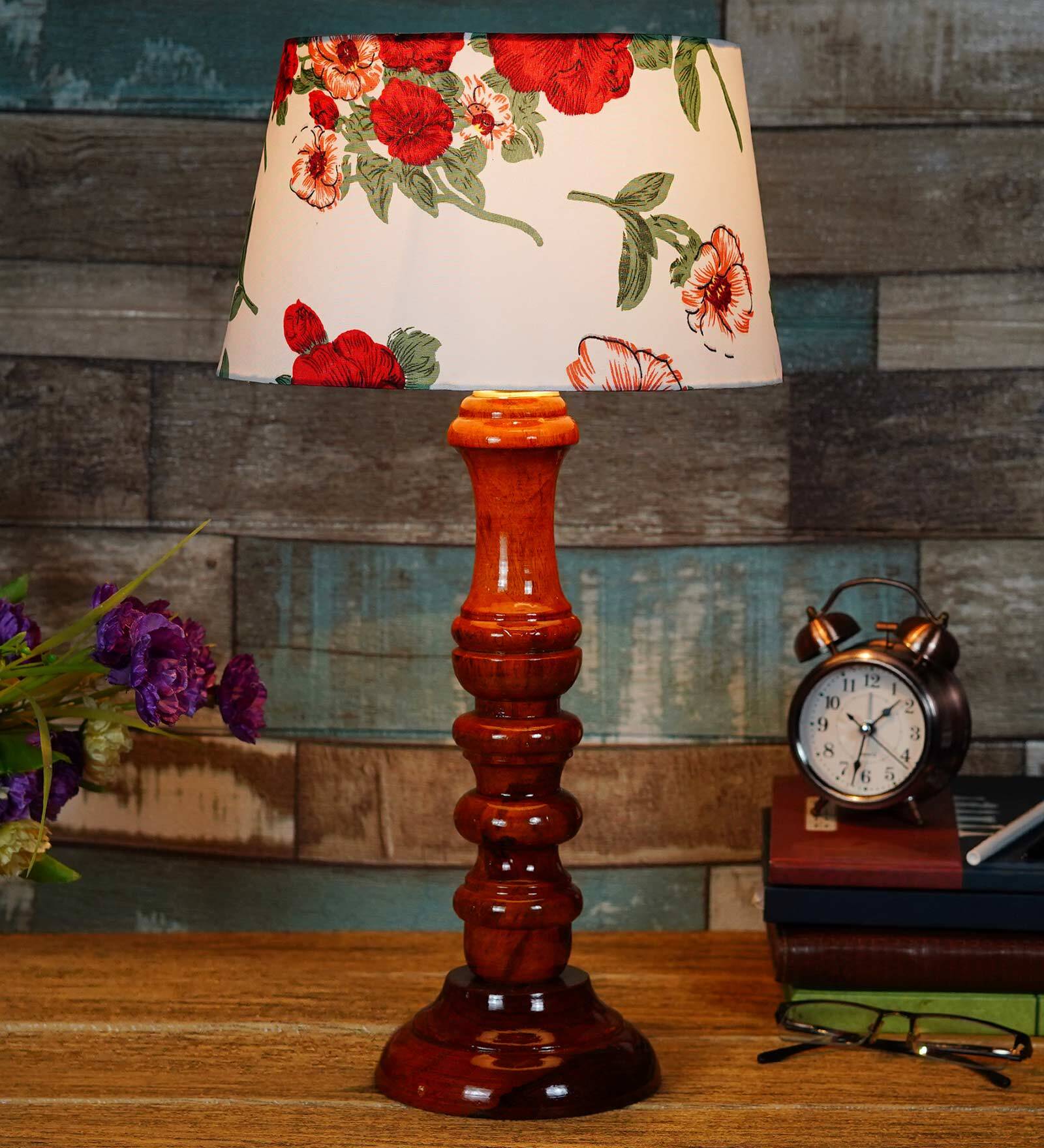 Euclid Red Fabric Shade Night Lamp With Wood Base