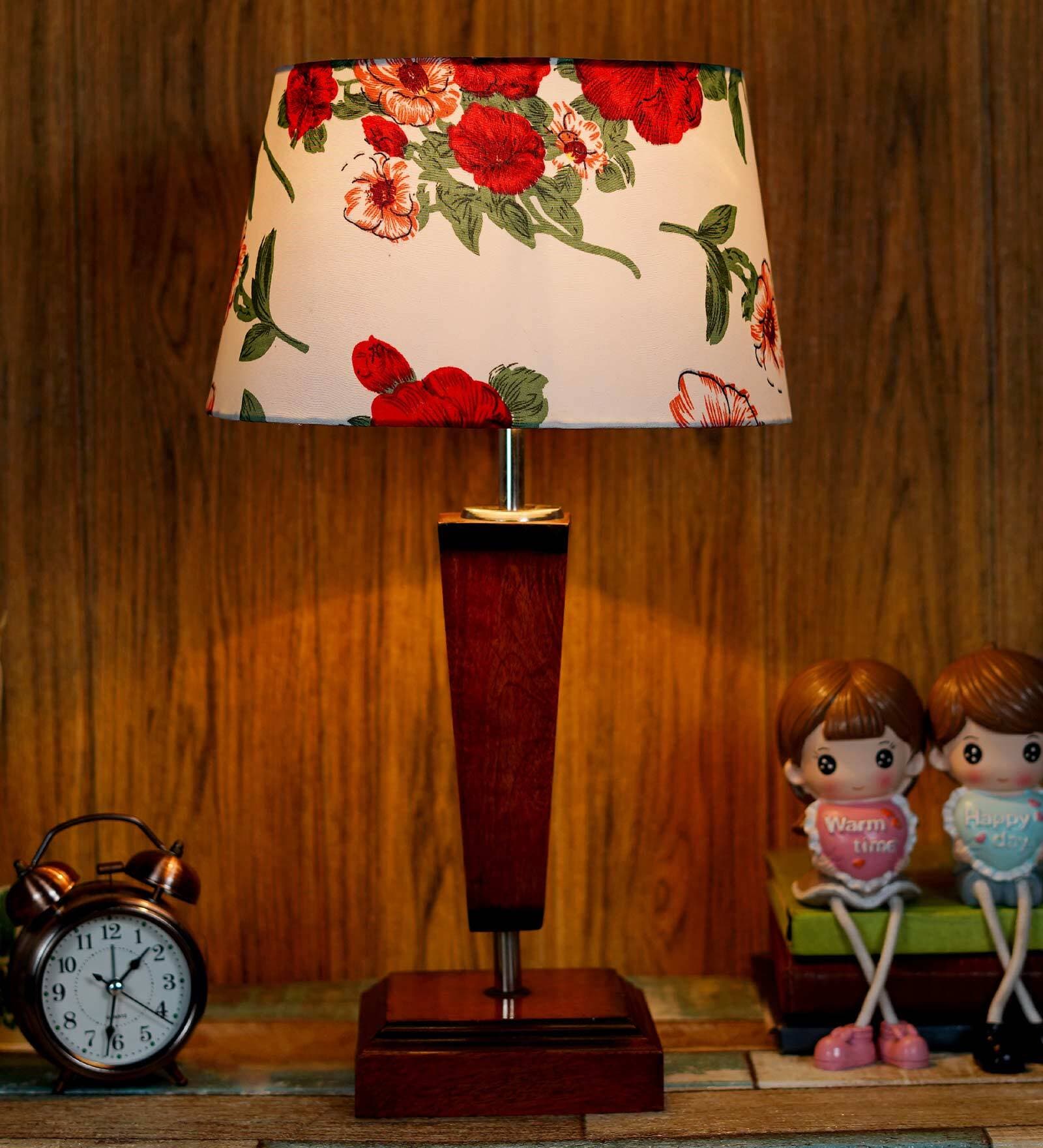 Messina Red Fabric Shade Night Lamp With Wood Base