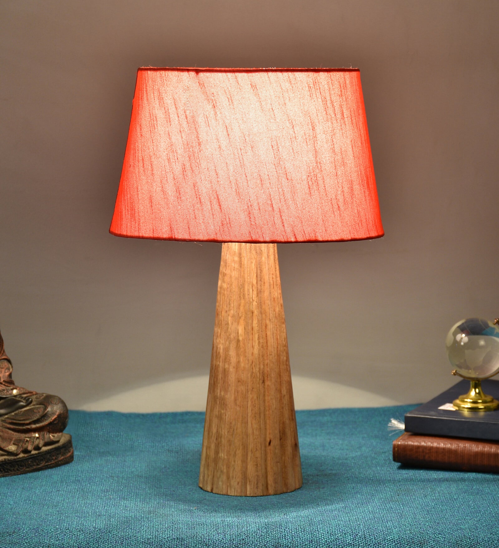 Elvis Red Fabric Shade Night Lamp With Wood Base