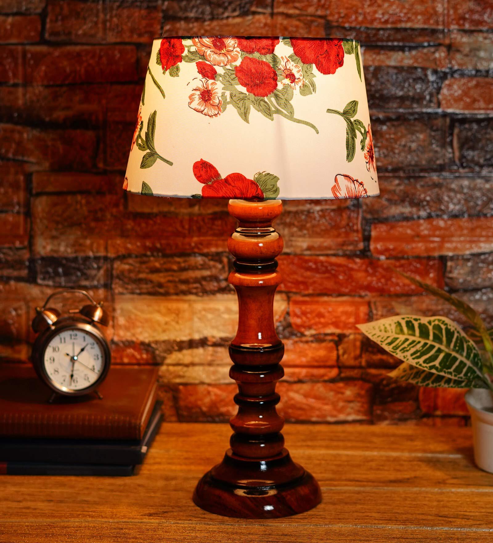 Marsden Red Fabric Shade Night Lamp With Wood Base