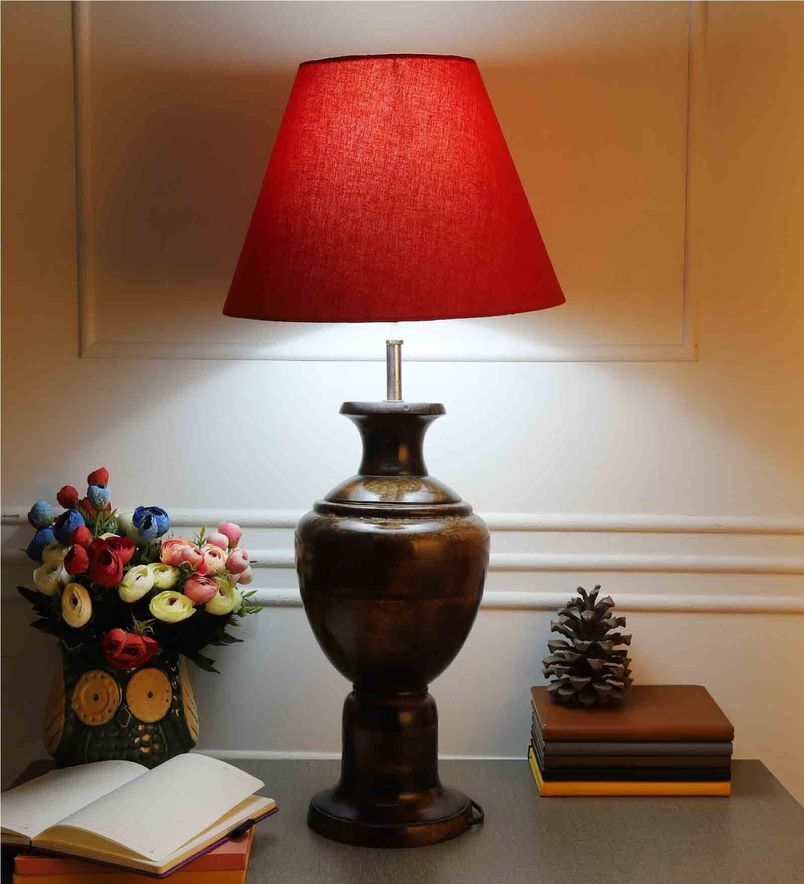 Colstrip Red Fabric Shade Night Lamp With Wood Base