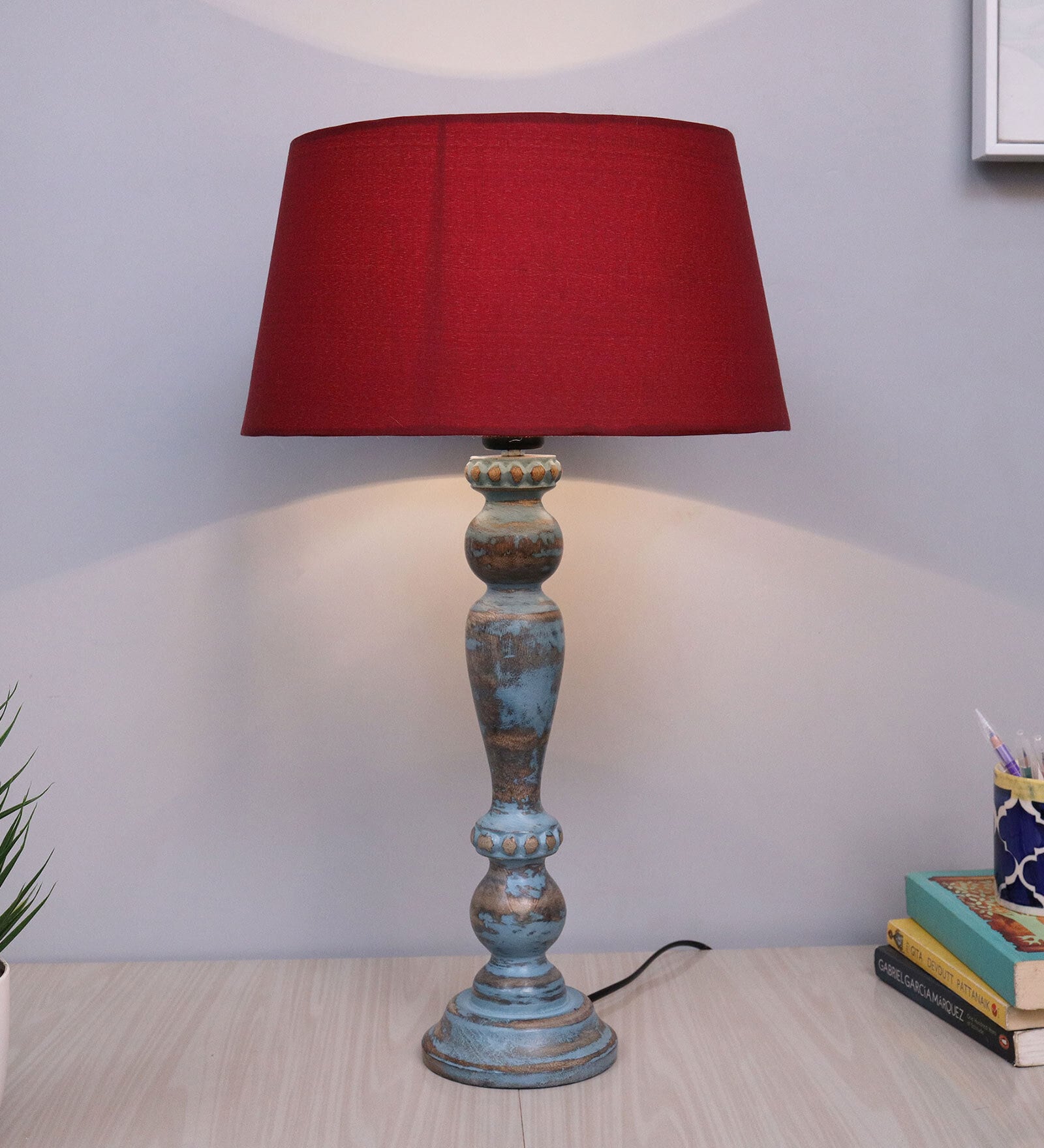 Red Shade Table Lamp With Wooden Base