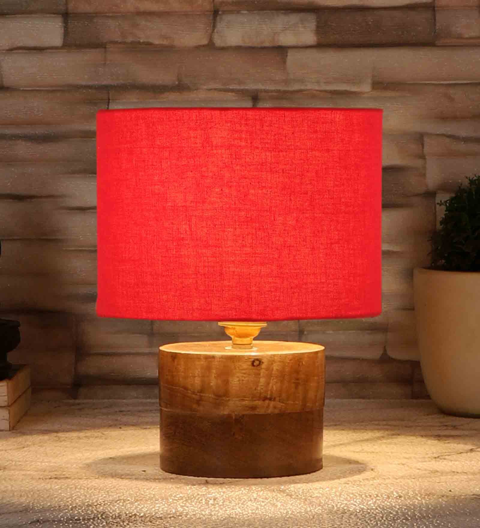 Red Shade Table Lamp With Wood Base
