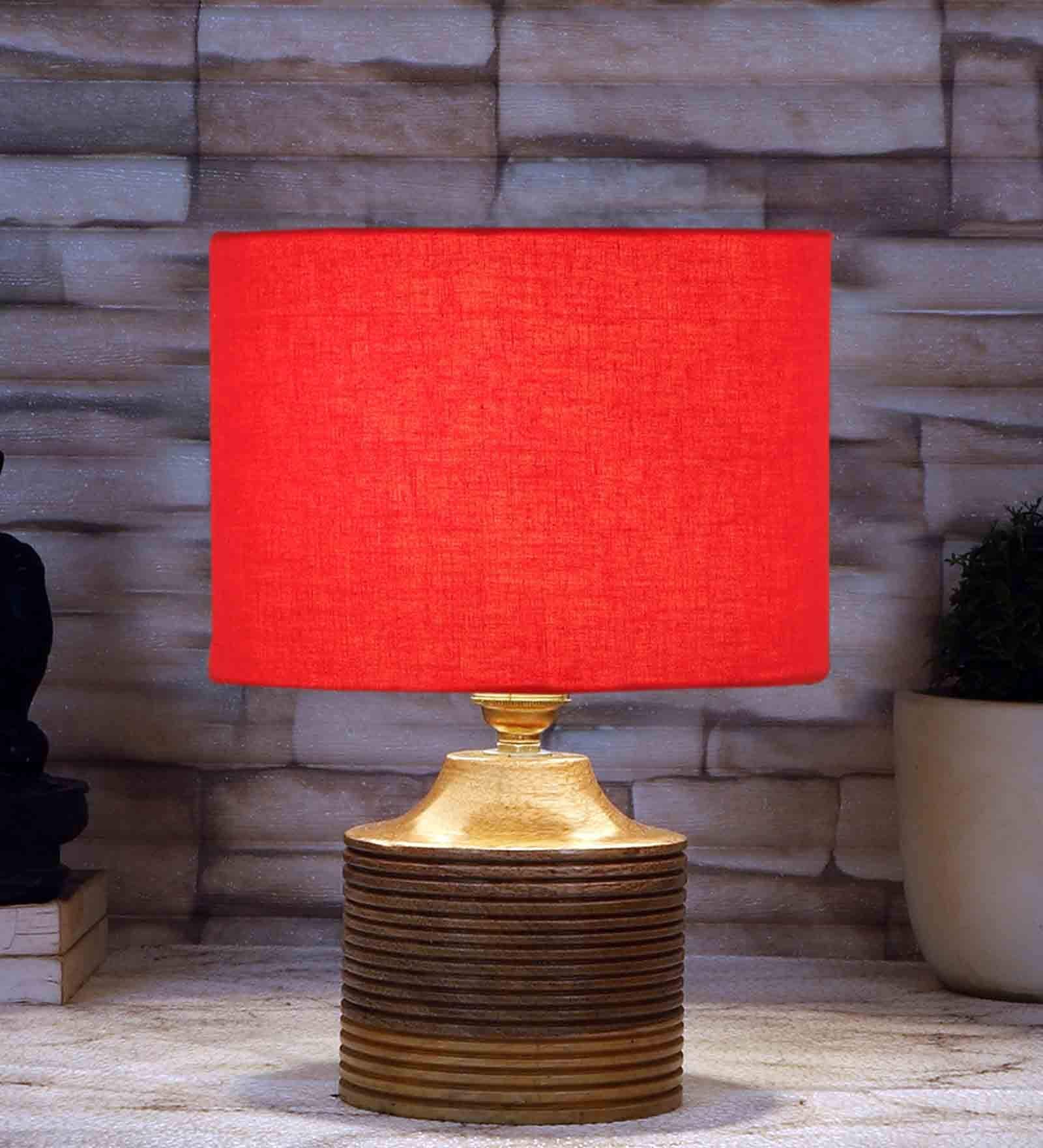 Red Shade Table Lamp With Wood Base