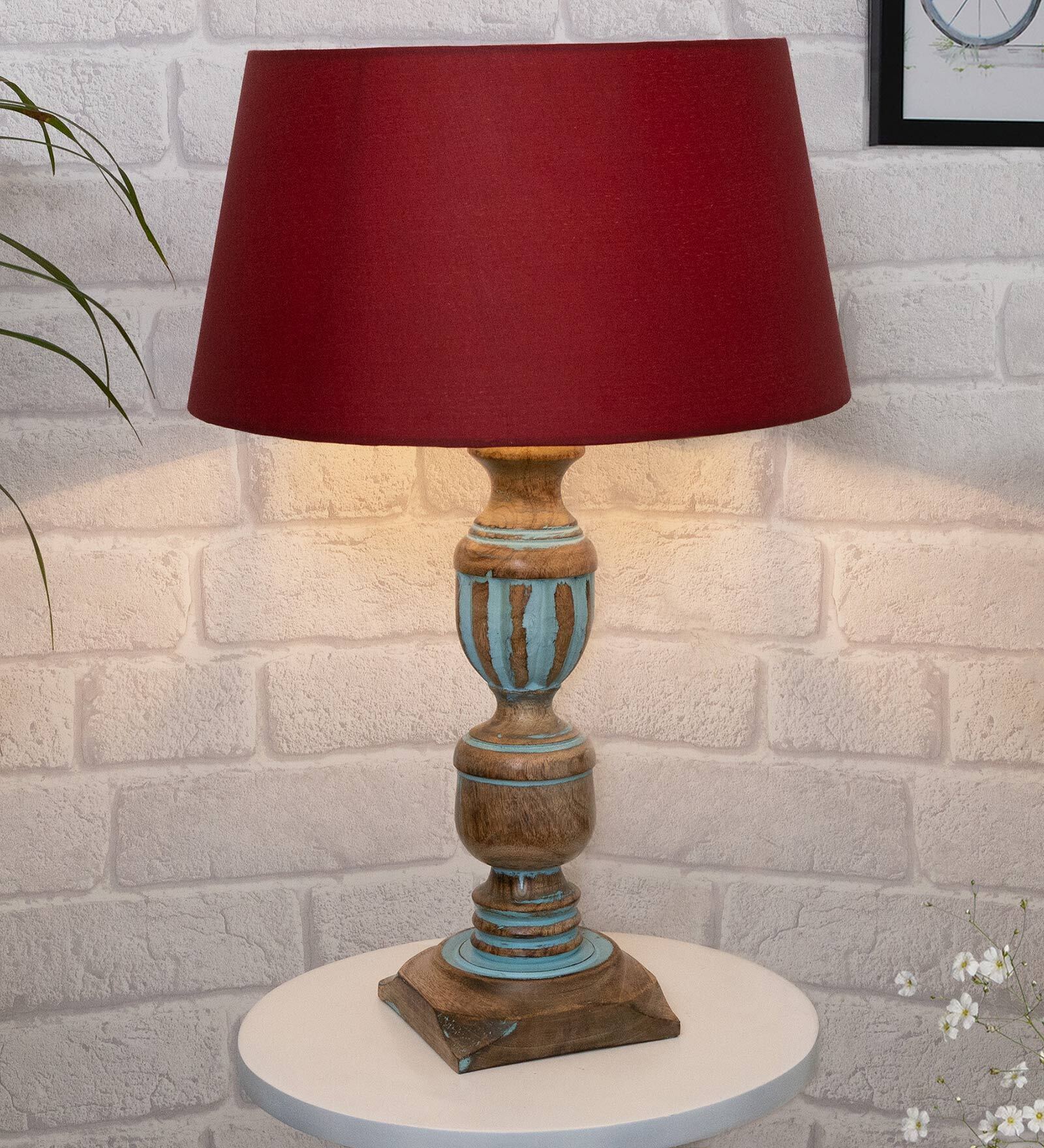 Red Shade Table Lamp With Wooden Base