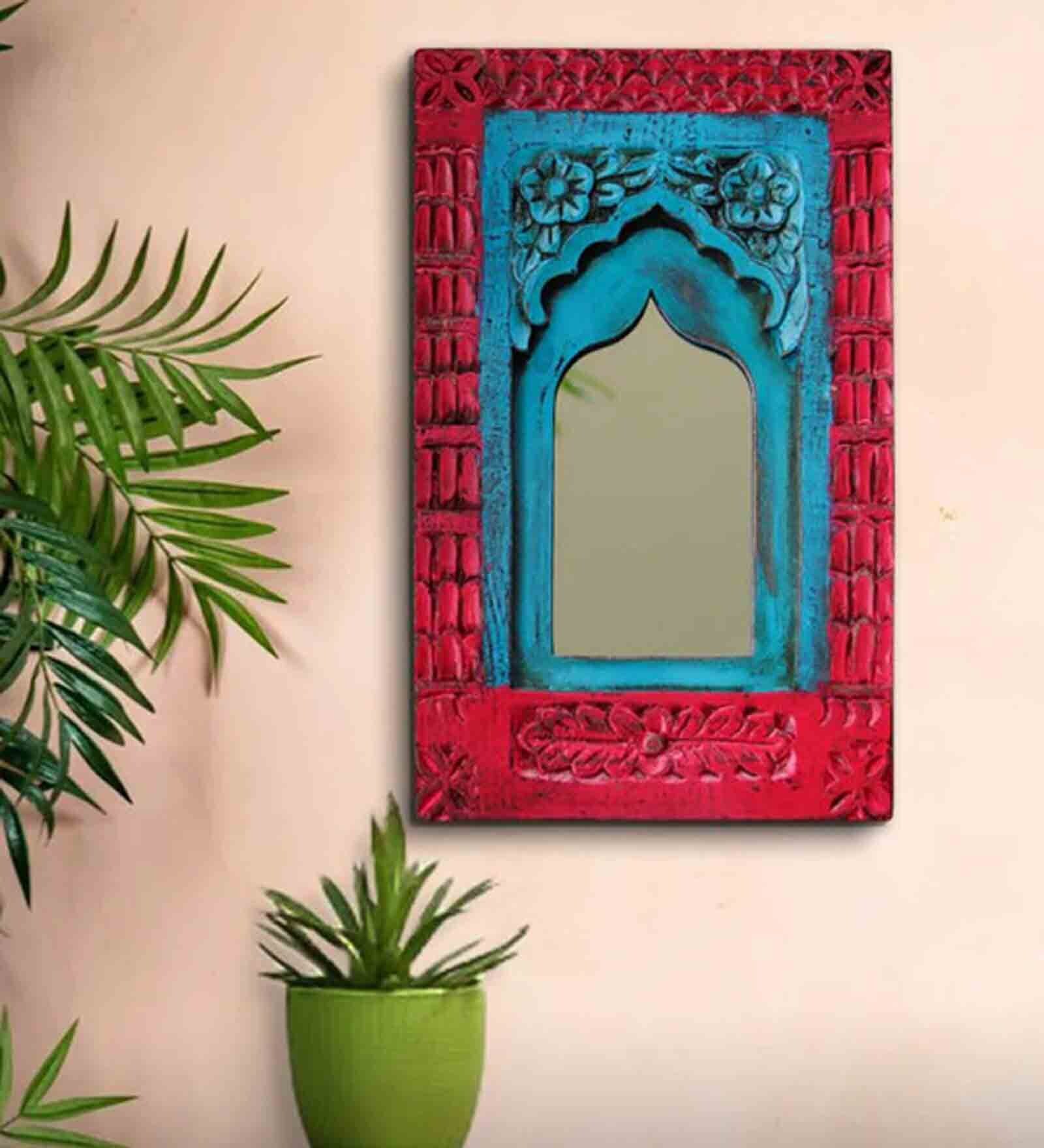 Red Shekhawati Jharokha Wooden Wall Mirror