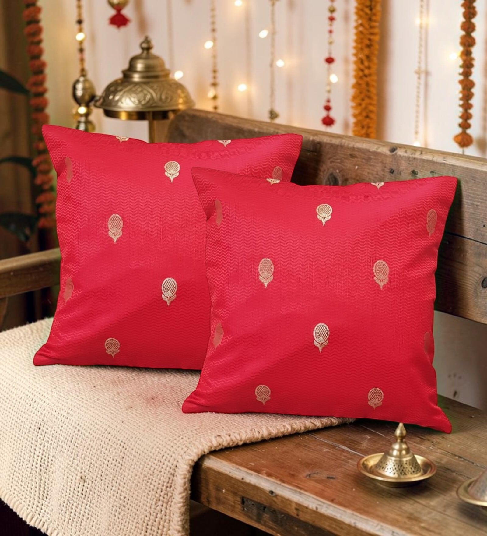 Red Silk blend Banarasi Chanderi Zari 16x16 inches Cushion Covers (Set of 2)