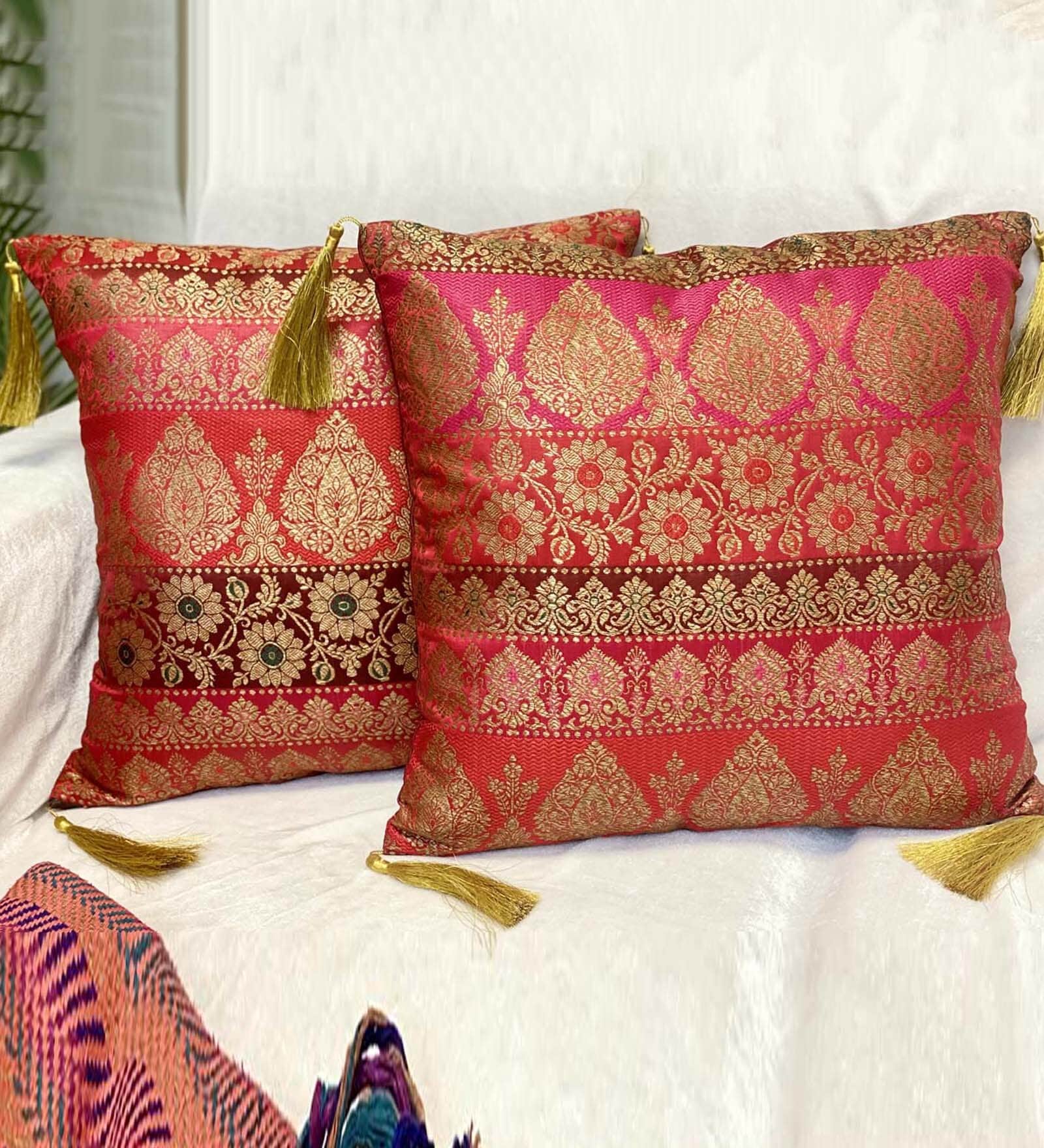 Red Traditional Silk Blend 16 x 16 Inches Cushion Covers (Set of 2)