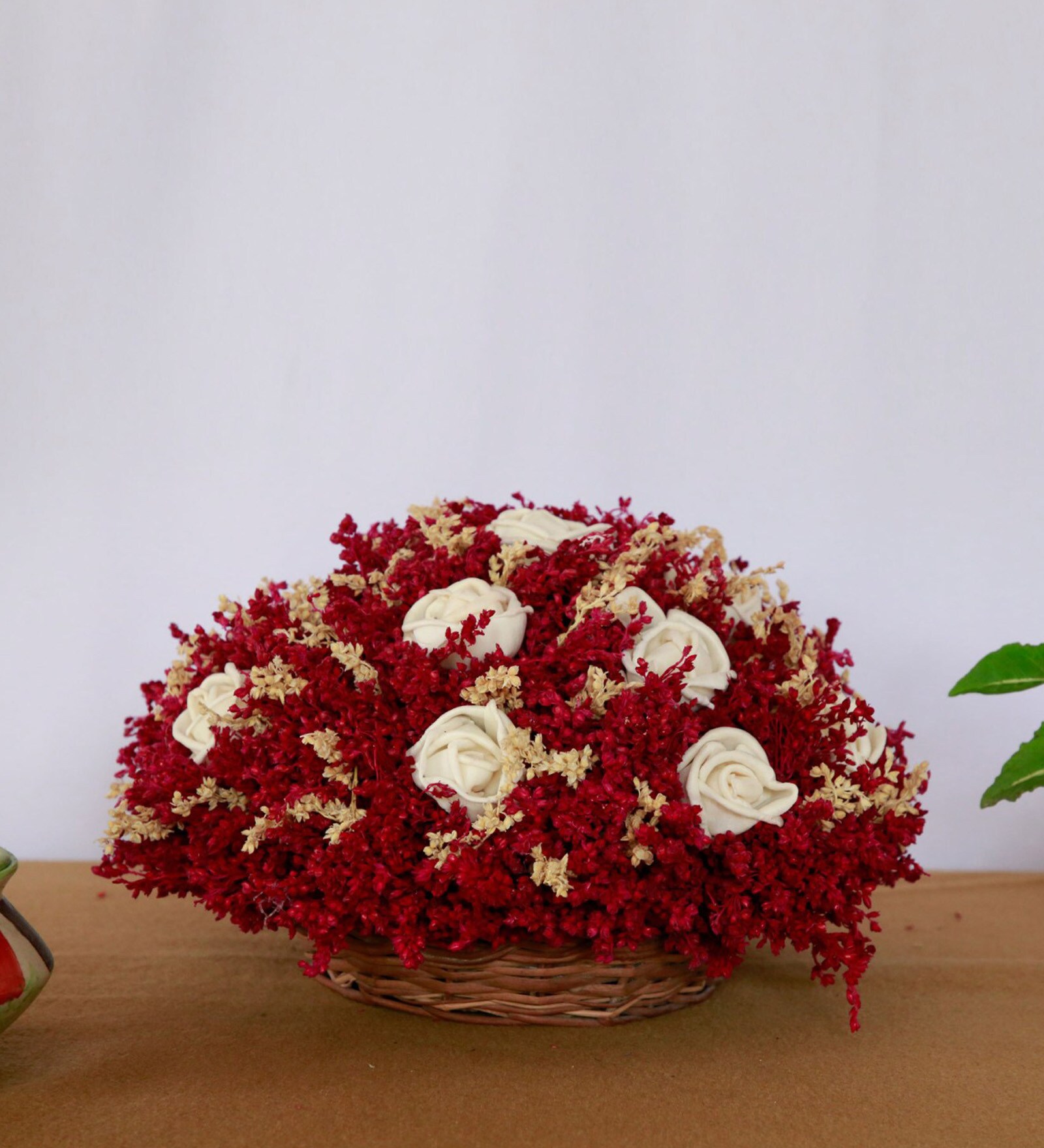 Red Sola Natural Dried Flowers In Kashmiri Basket