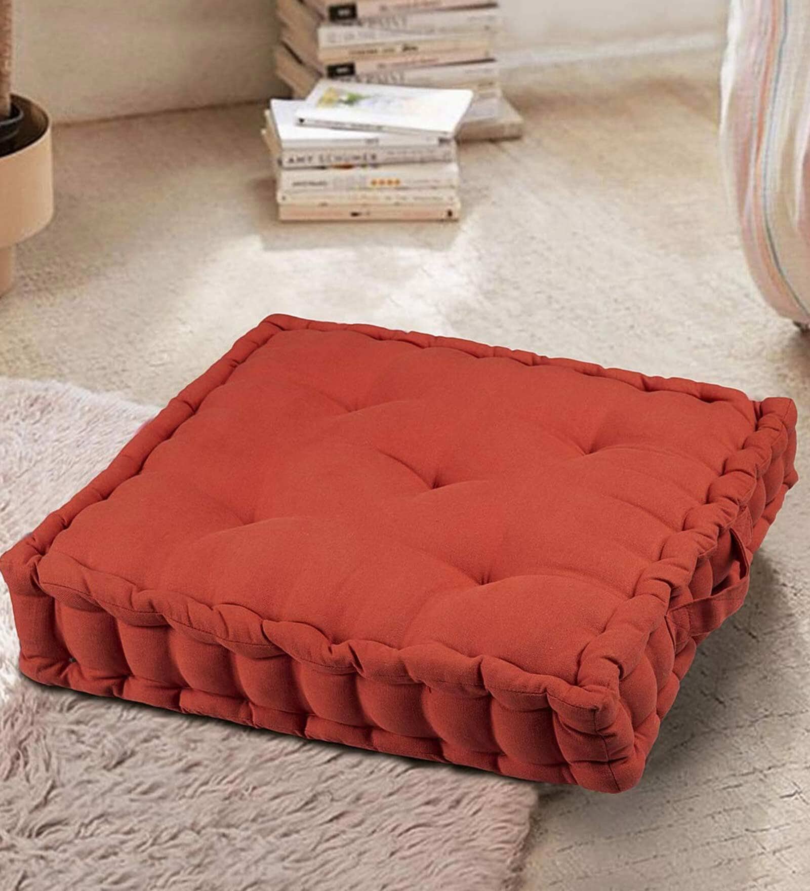 Red Solid Cotton 16x16 Inches Floor Cushion