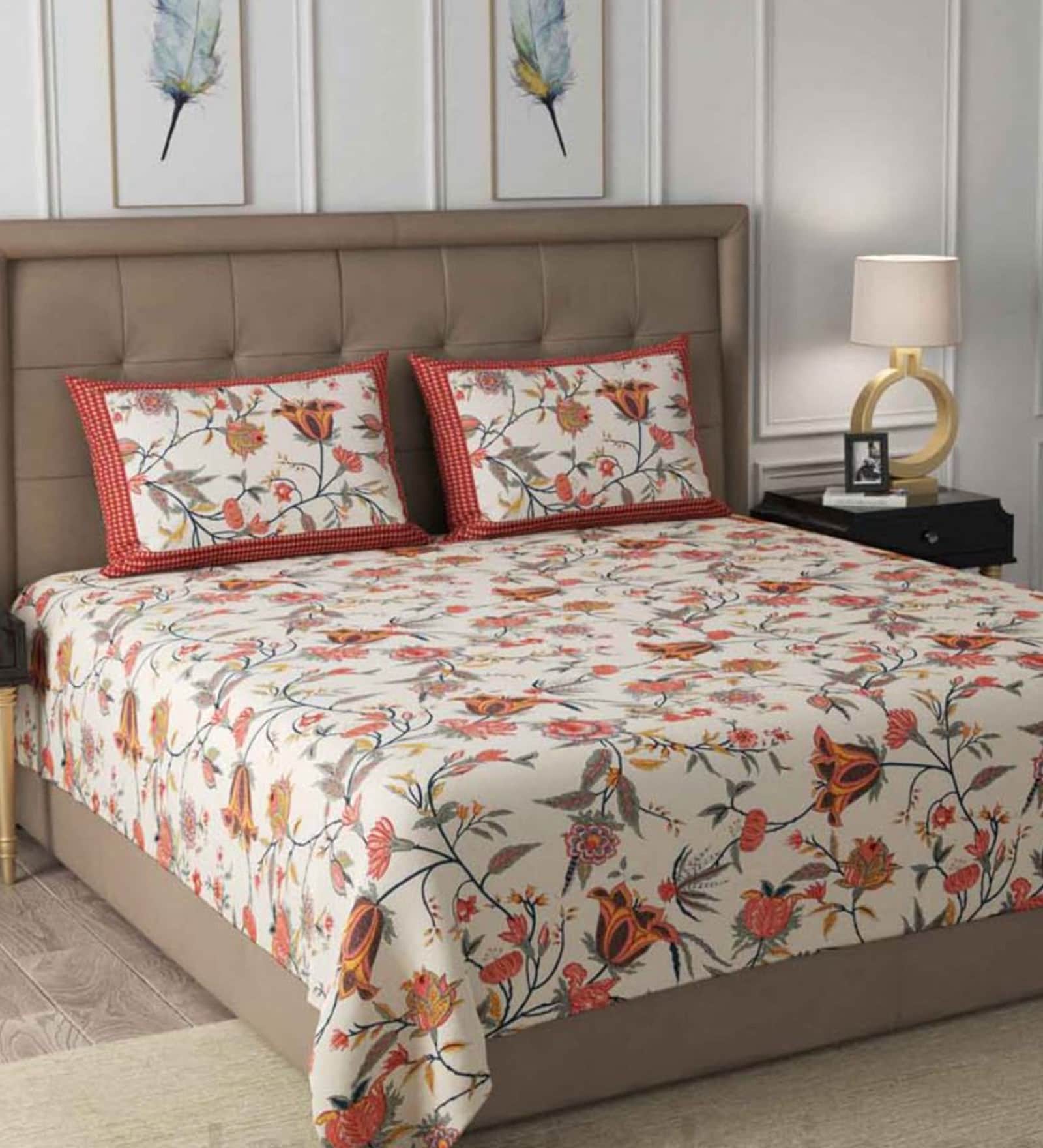Red Floral 240 TC Cotton Double Bedsheet With 2 Pillow Covers Collection