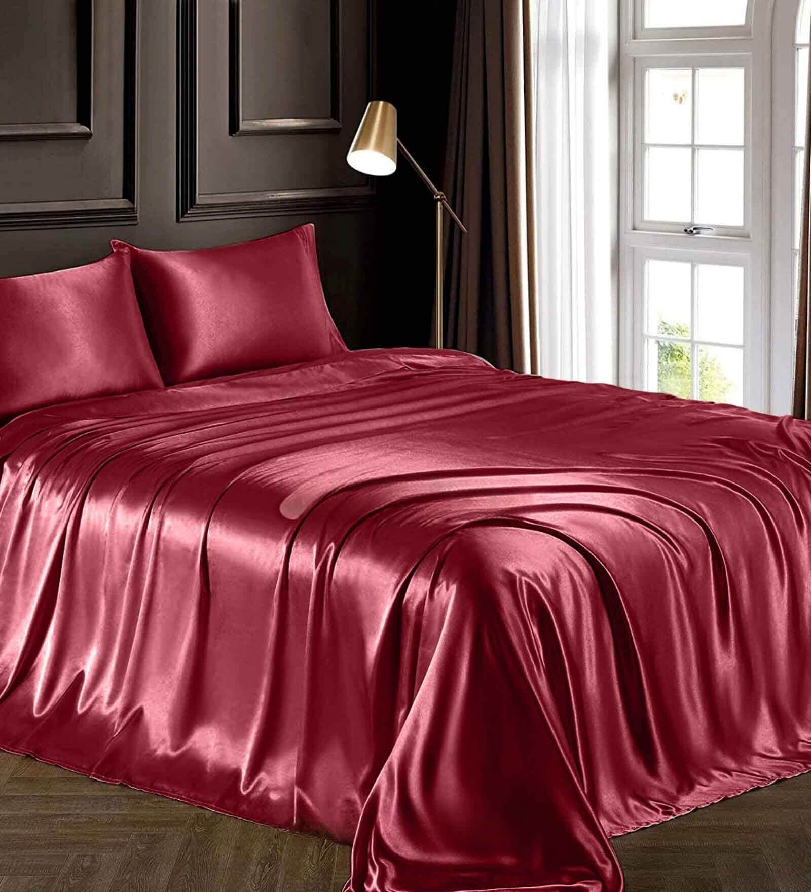 Red Solid 400 TC Satin Single Fitted Bedsheet with 2 Satin Pillow covers