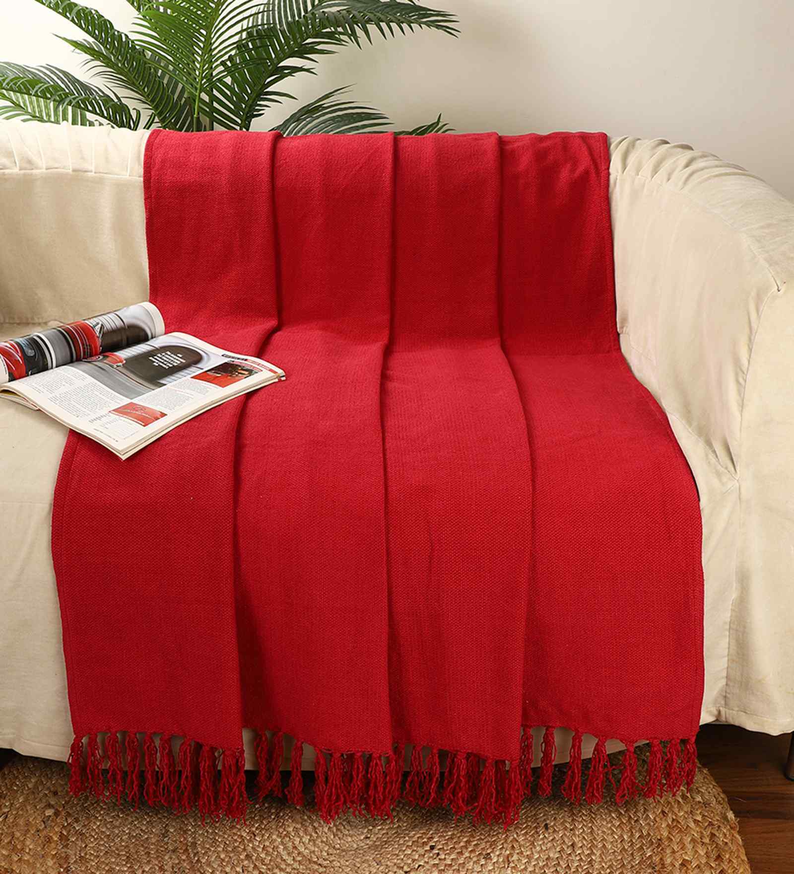 Red Solid Chenille Cotton 82x62 Inches Throw