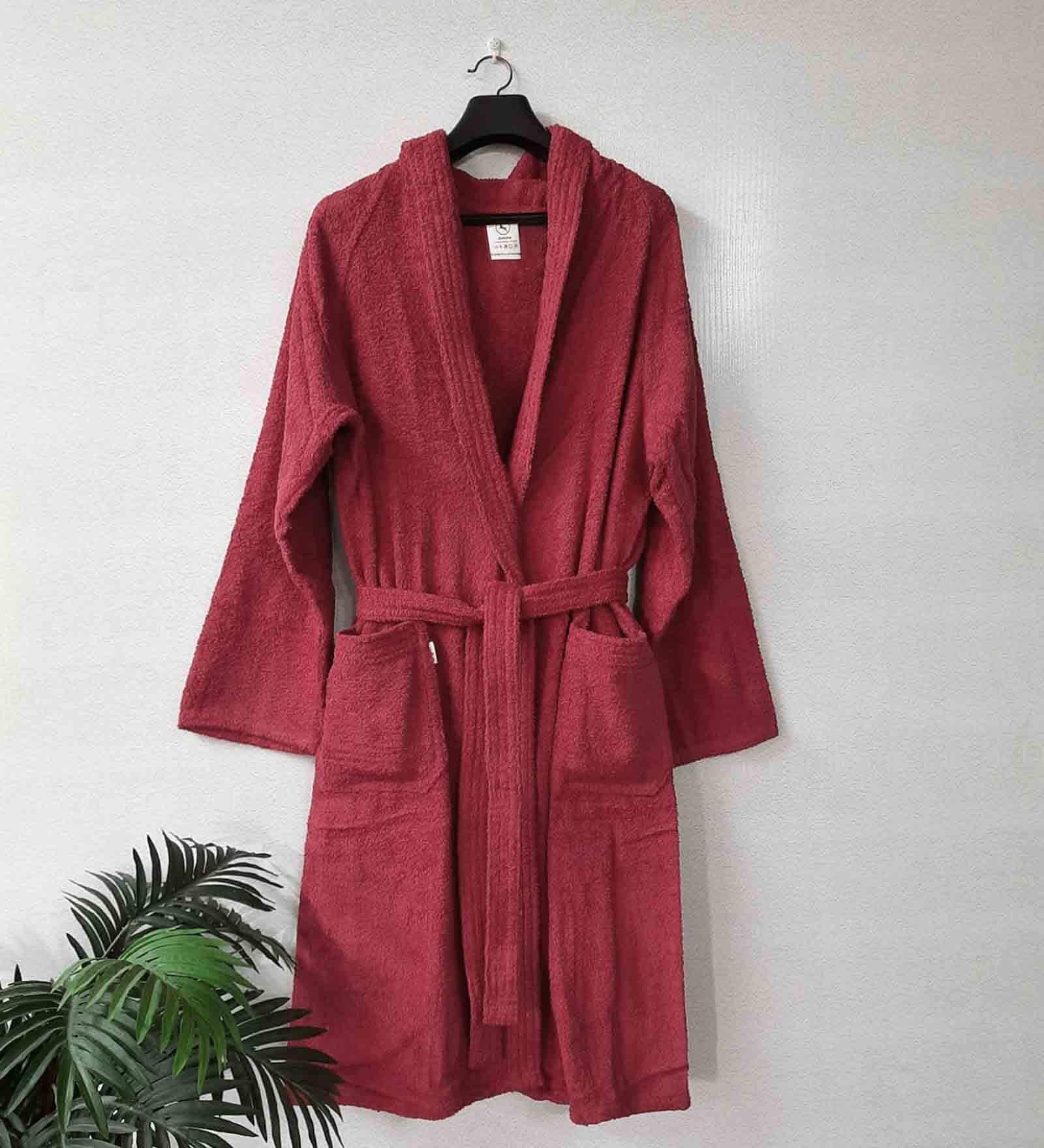 Red Solid Cotton Unisex Bath Robe (L)