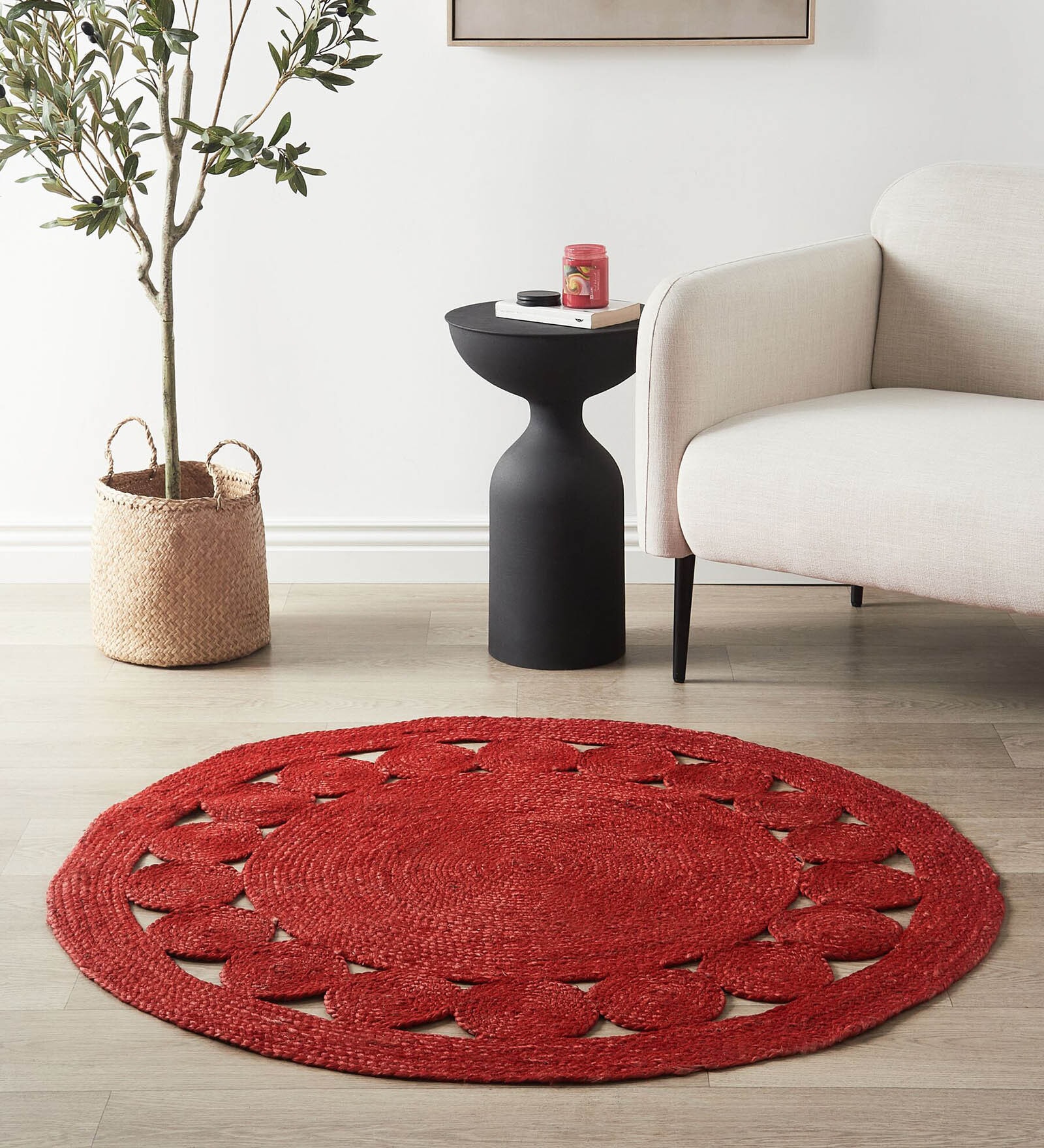 Red Solid Jute 3 Ft X 3 Ft Hand Woven Dhurrie