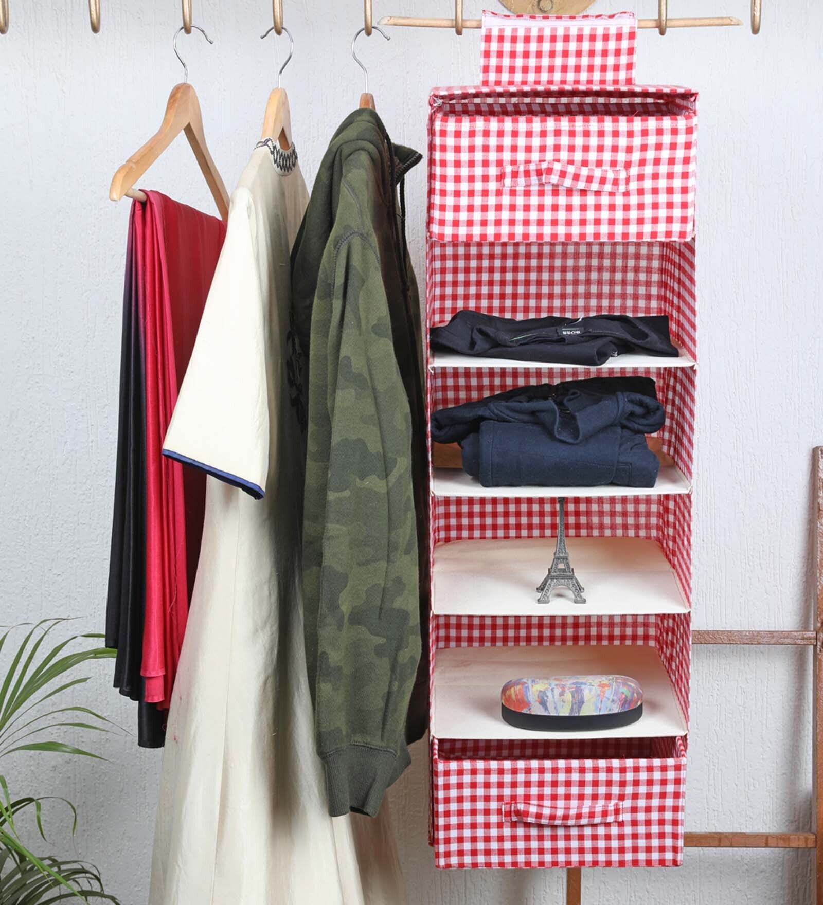 Red & White checkerd Polypropylene  Foldable Hanging Cloth Organiser With 5 Shelves