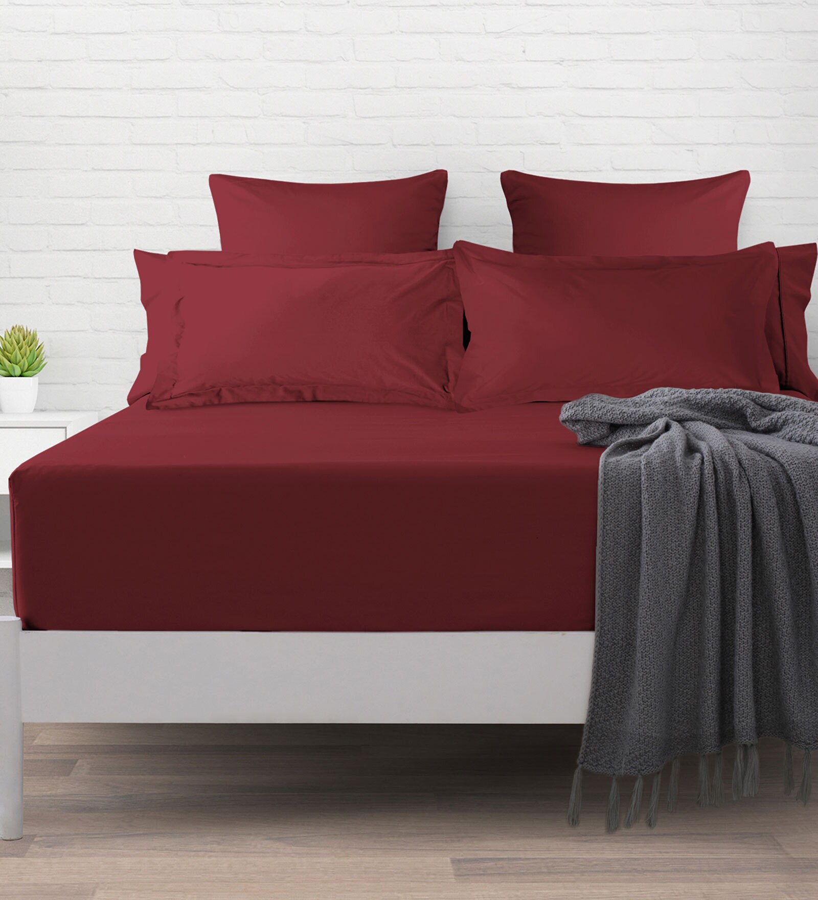 Buy Red Solid TC 400 Cotton Queen Size Fitted Bedsheet With 2 Pillow