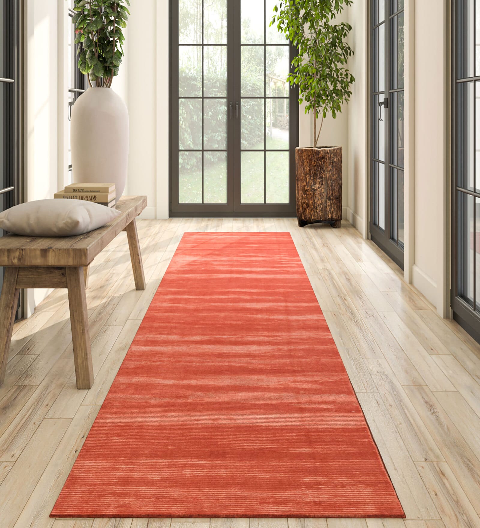Red Solid Wool and Viscose 4 ft X 22'8 ft Hand Woven Runner
