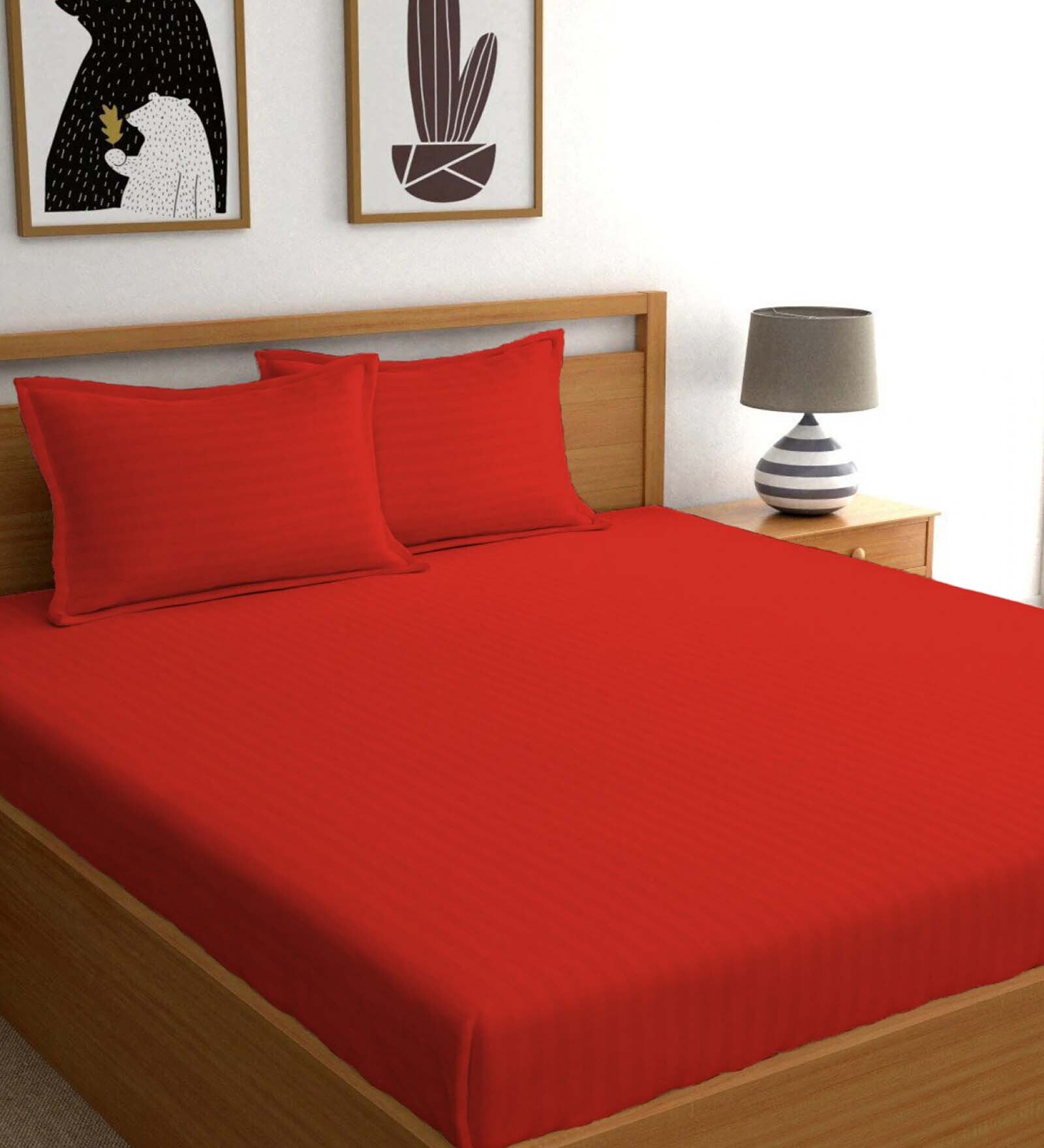 Red Striped 210 TC 100% Cotton King Sized Bed Sheets with 2 Pillow Covers