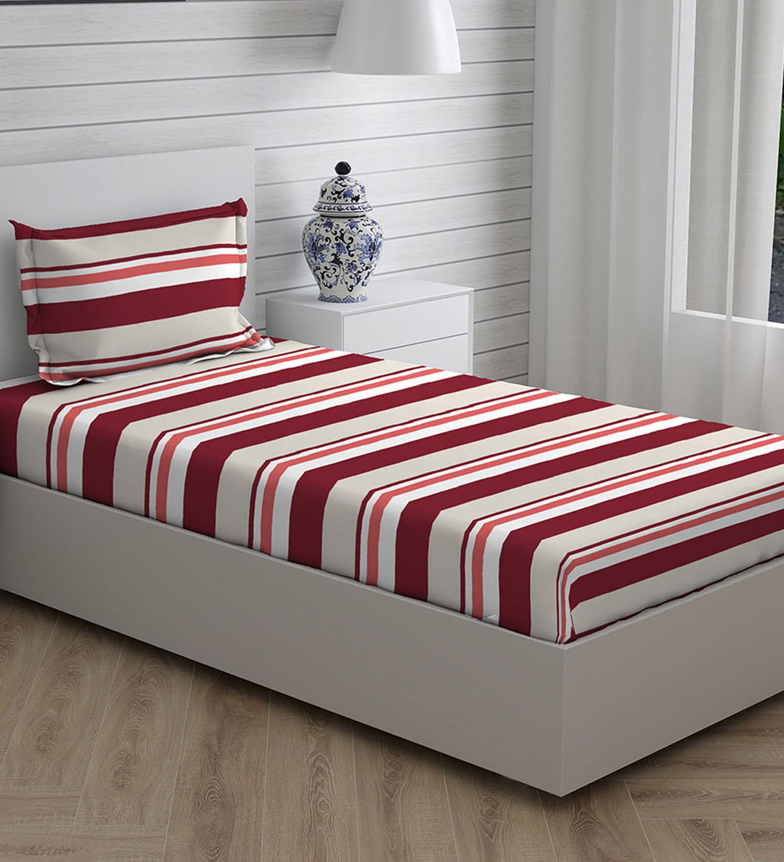 Red Striped 225 TC Cotton Single Bed Sized Bed Sheets With 1 Pillow Cover