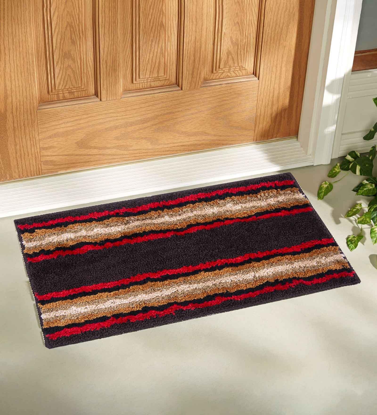 Red and Brown Striped Polyester Blend 21x13 Inches Antiskid Bath Mat (2Pcs)