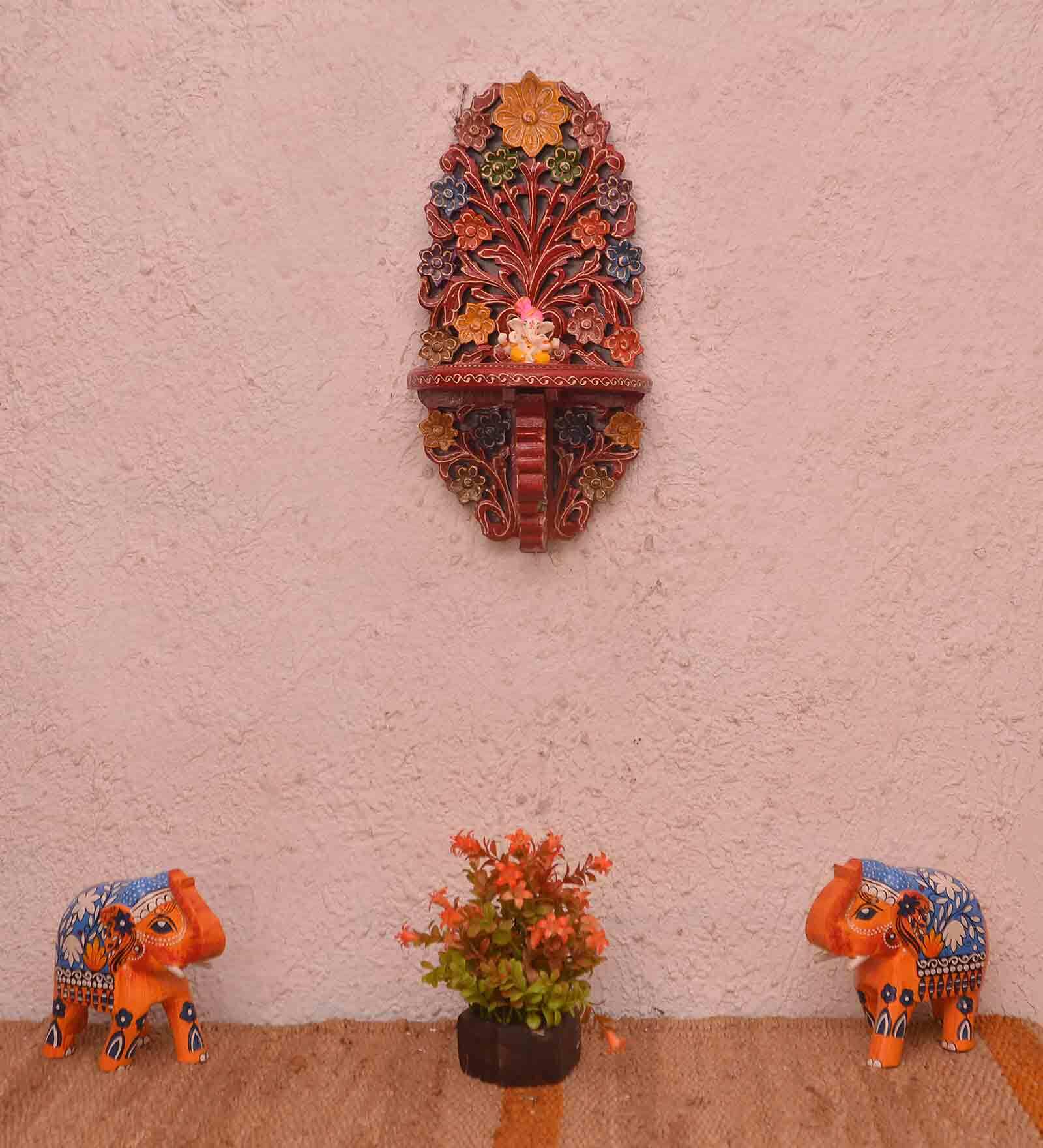 Red Handpainted And Carved Wooden Pooja Shelf