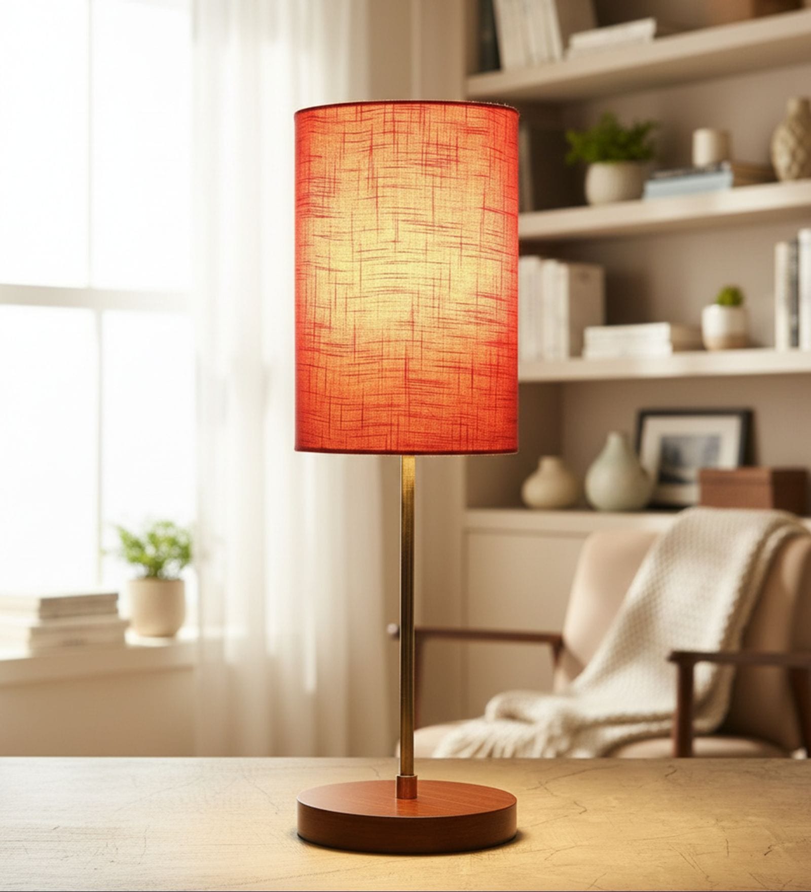 Red Texture Cylinder Fabric Shade Table Lamp, Brown Wooden Base Bedside & Desk Light for Bedroom, Living Room & Home Decor