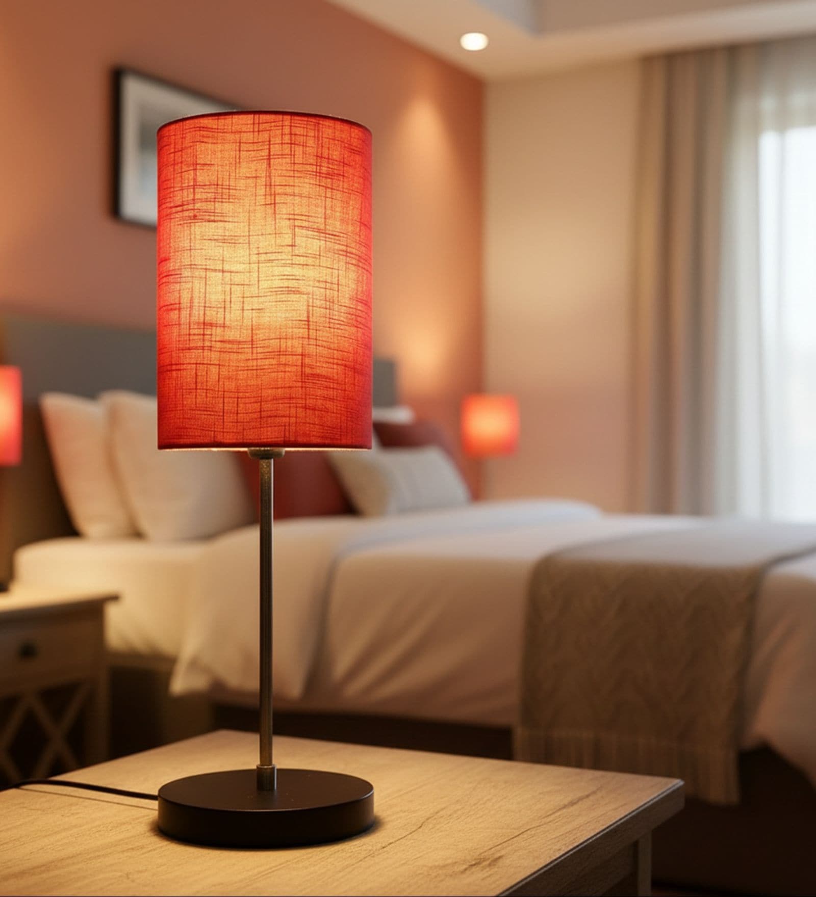 Red Texture Cylinder Fabric Shade with Modern Silver & Black Table Lamp for Bedroom & Living Room