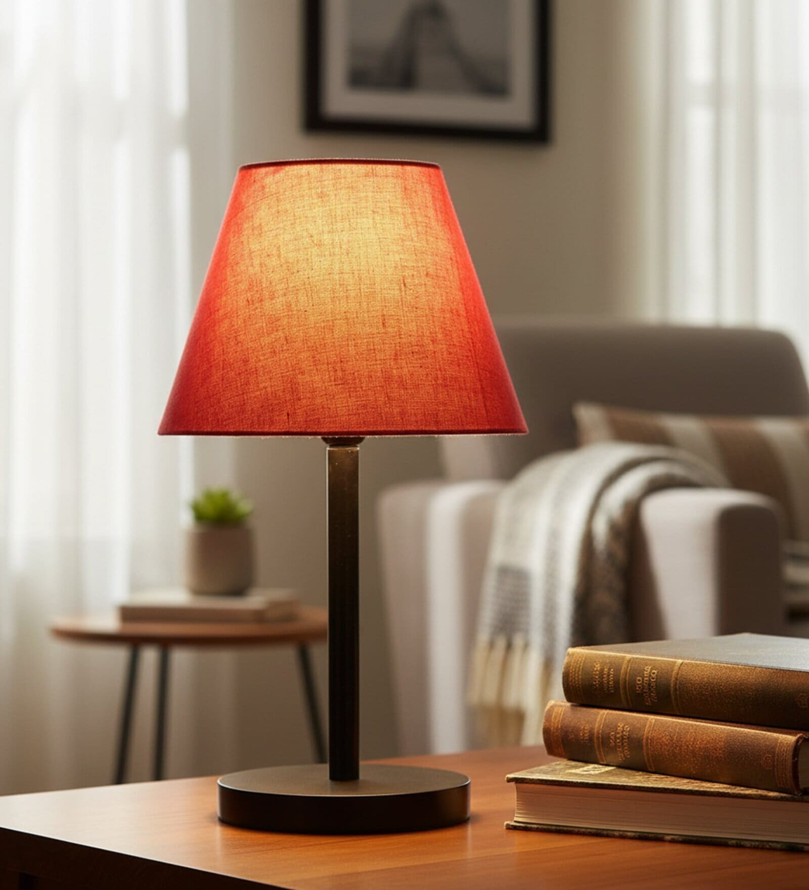 Red Texture Fabric Shade Table Lamp, Minimalist Bedside Lamp with Metal Base for Bedroom, Living Room & Study