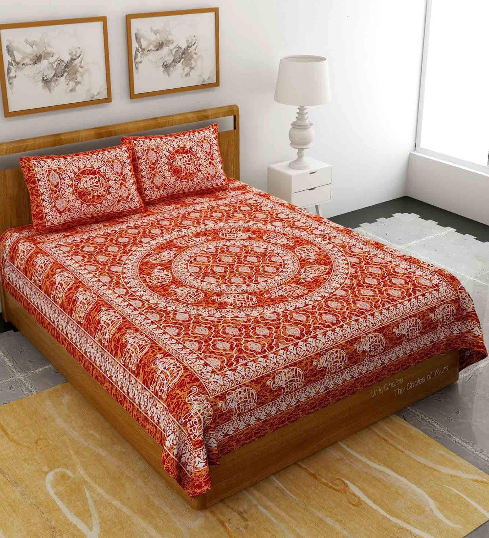 Red Traditional 120 TC 100% Cotton Queen Bedsheet With 2 Pillow Covers