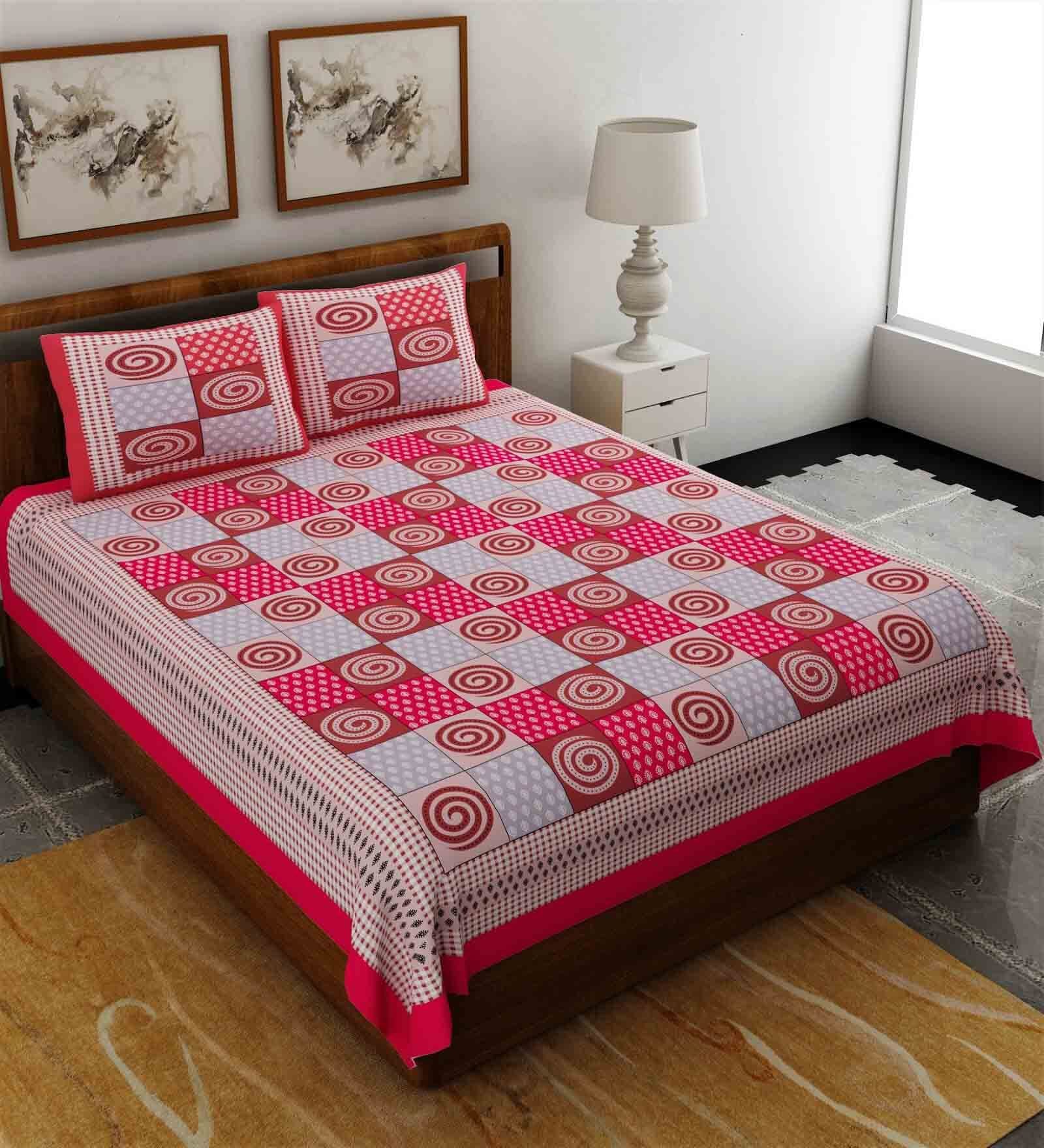 Red Traditional 120 TC 100% Cotton Queen Bedsheet With 2 Pillow Covers