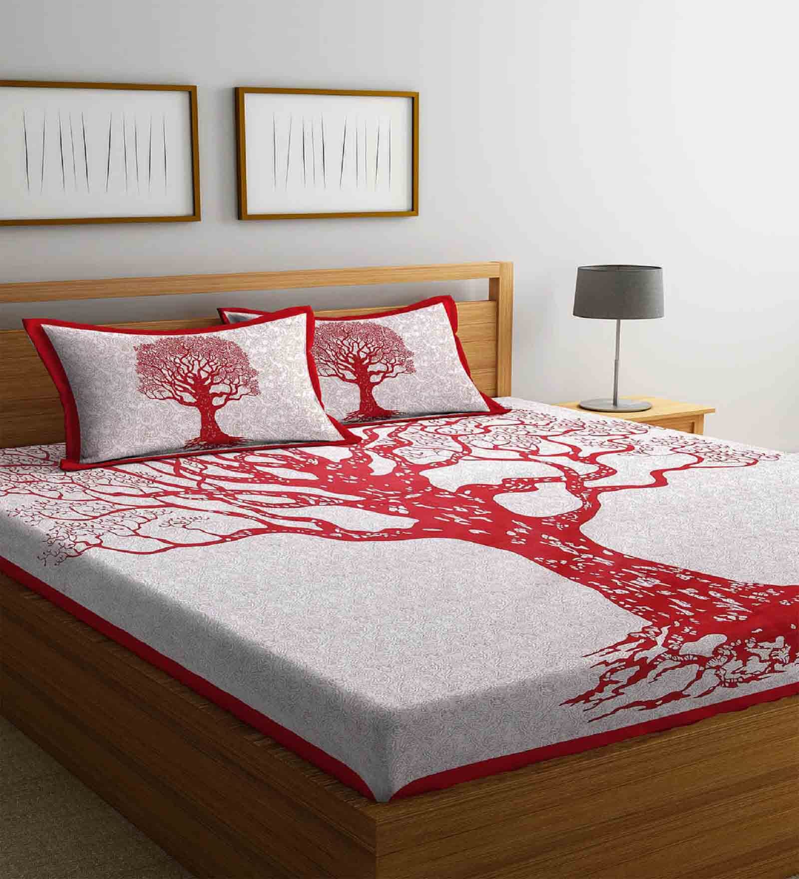 Red Abstract 120 TC 100% Cotton Queen Bedsheet With 2 Pillow Covers