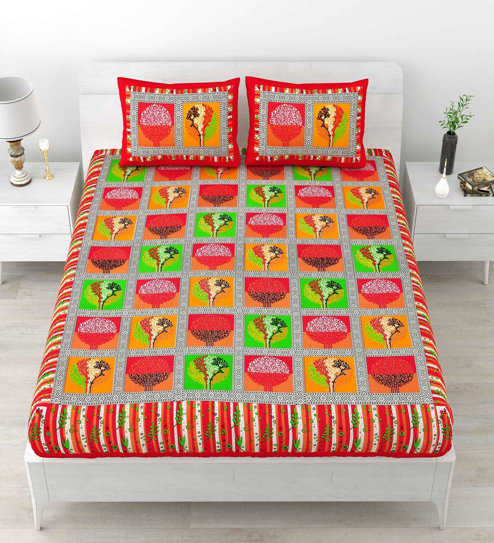 Red Abstract 120 TC Cotton Queen Sized Bedsheet with 2 Pillow Cover