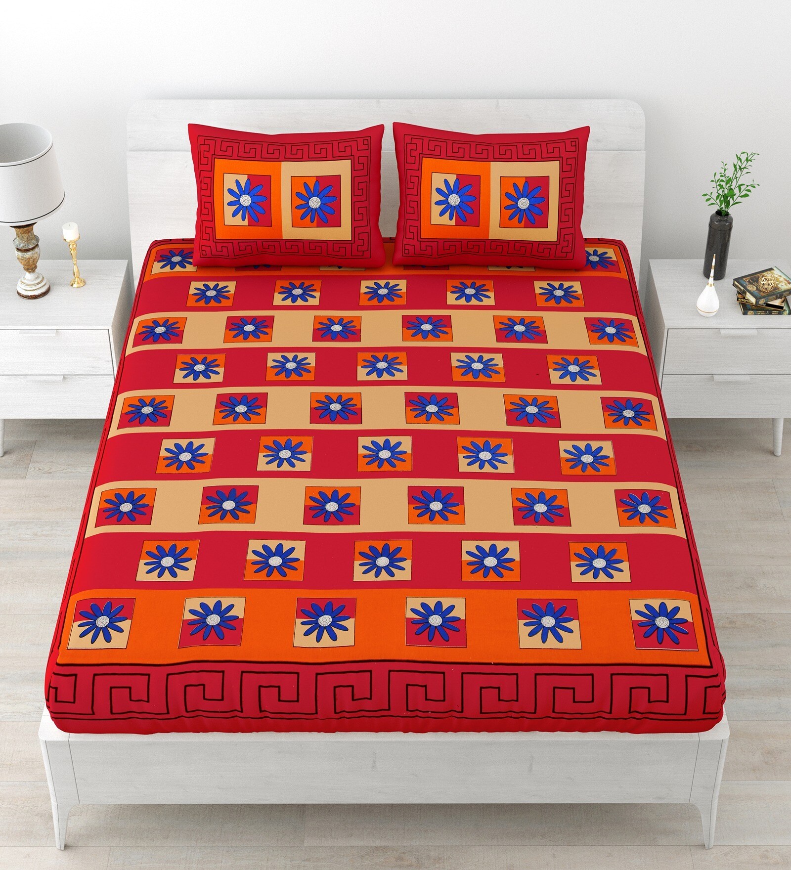 Red Abstract 120 TC Cotton Queen Sized Bedsheet with 2 Pillow Cover