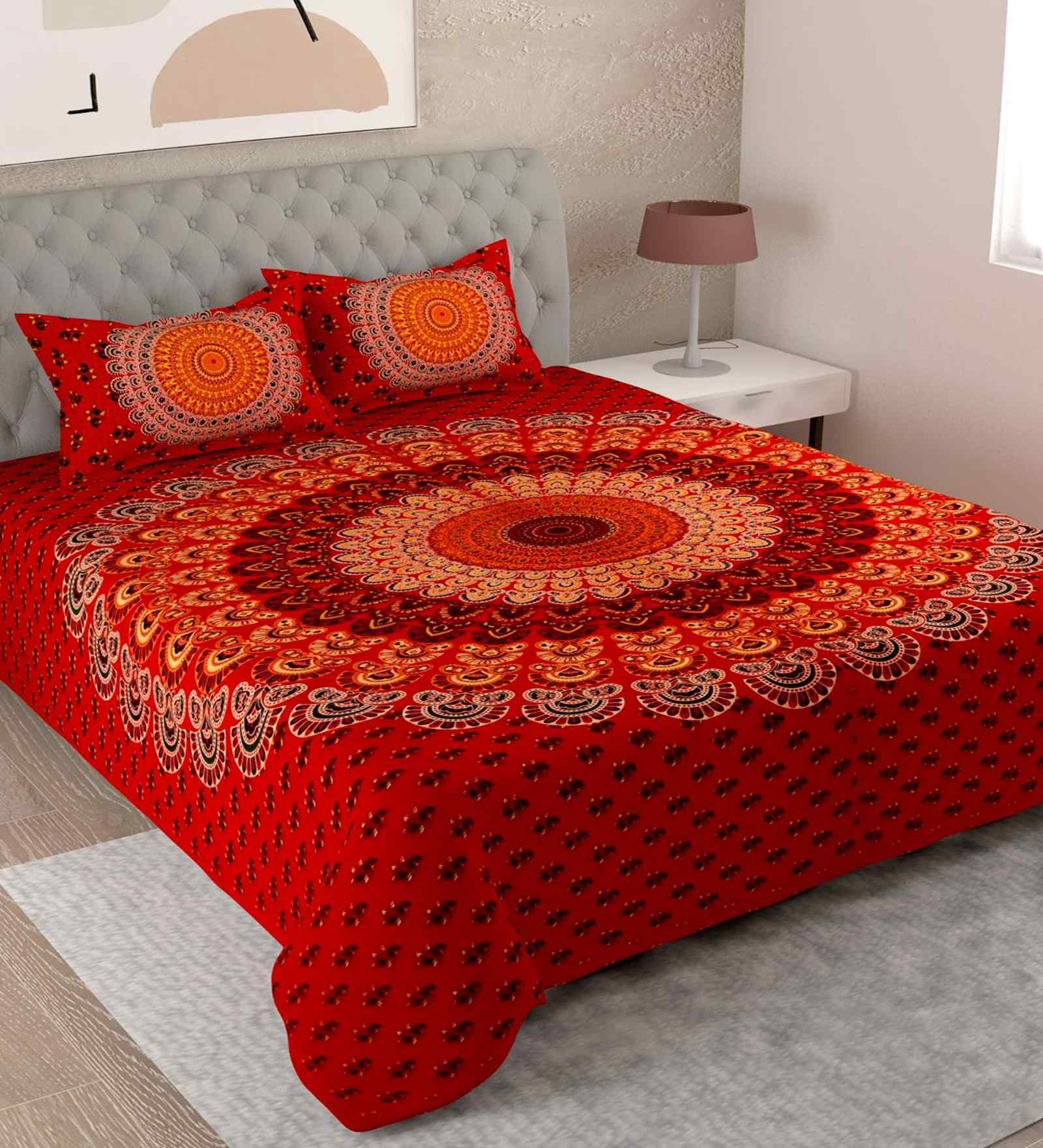 Red Traditional 180 TC Cotton  King Sized Bedsheet with 2 Pillow Covers