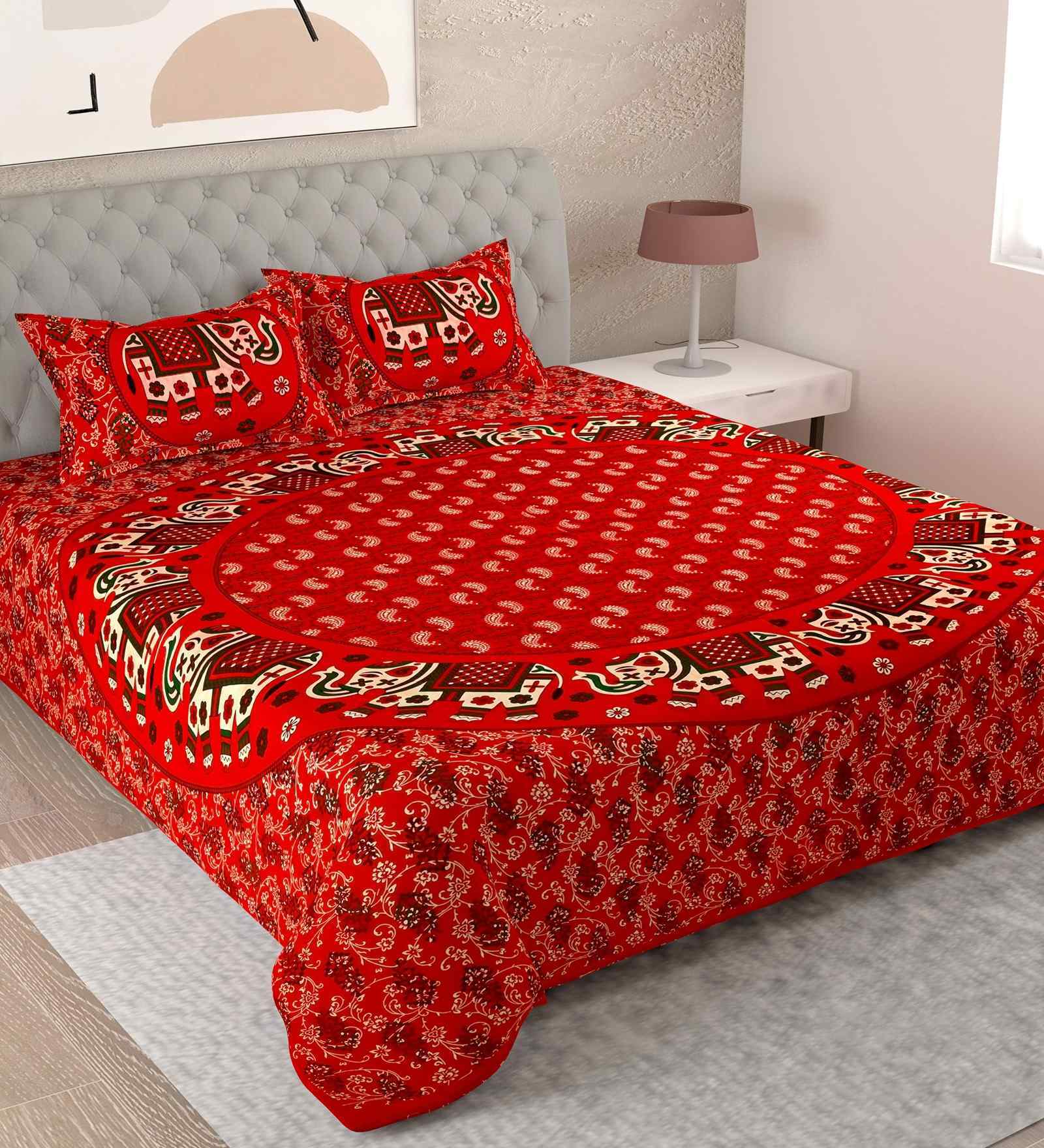 Red Traditional 180 TC Cotton  King Sized Bedsheet with 2 Pillow Covers