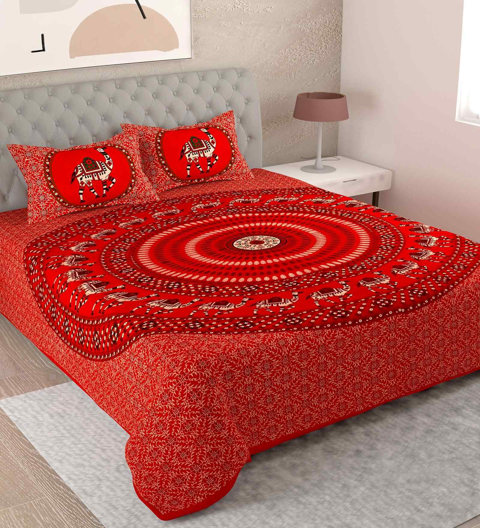 Red Traditional 180 TC Cotton  King Sized Bedsheet with 2 Pillow Covers