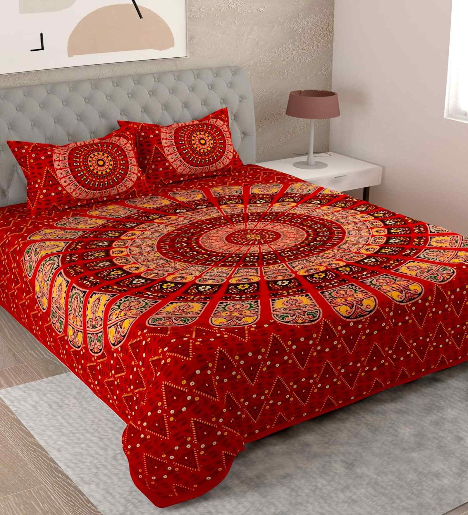 Red Traditional 180 TC Cotton  King Sized Bedsheet with 2 Pillow Covers