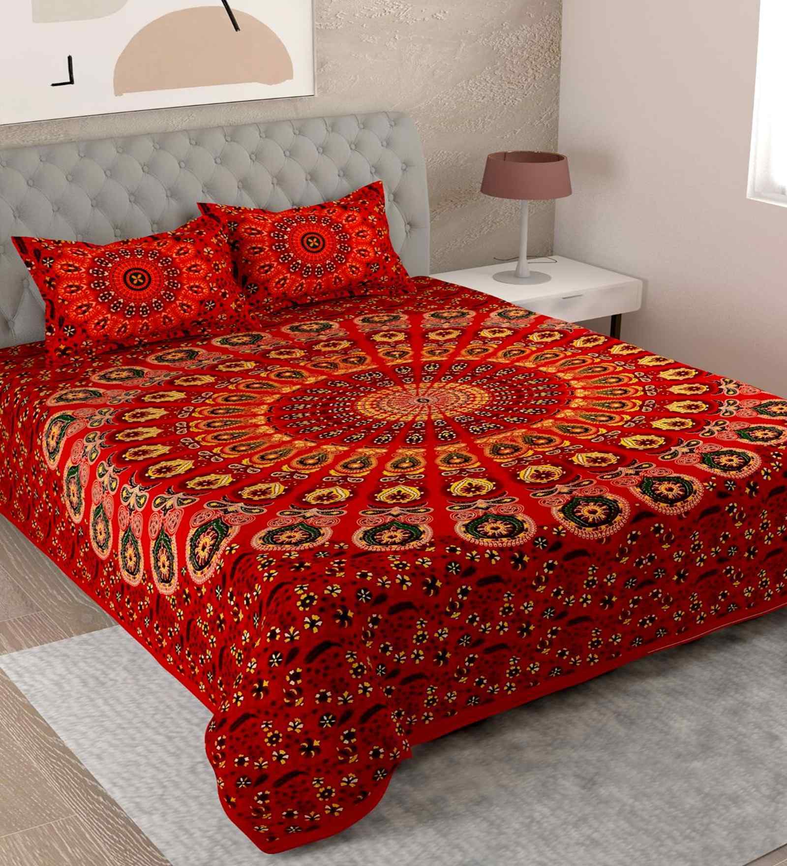 Red Traditional 180 TC Cotton  King Sized Bedsheet with 2 Pillow Covers