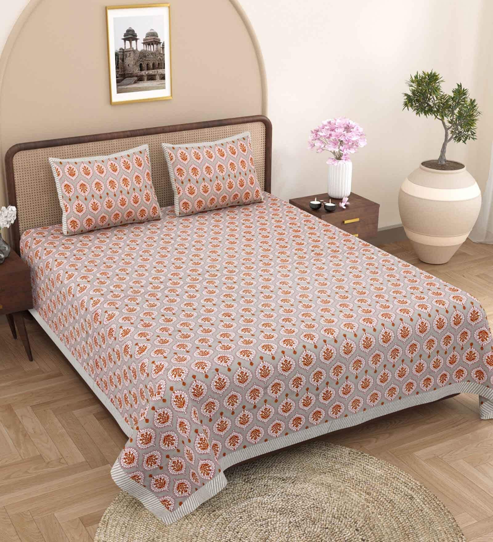 Red Traditional 240 TC Pure Cotton King Sized Double Bedsheet with 2 Pillow Covers
