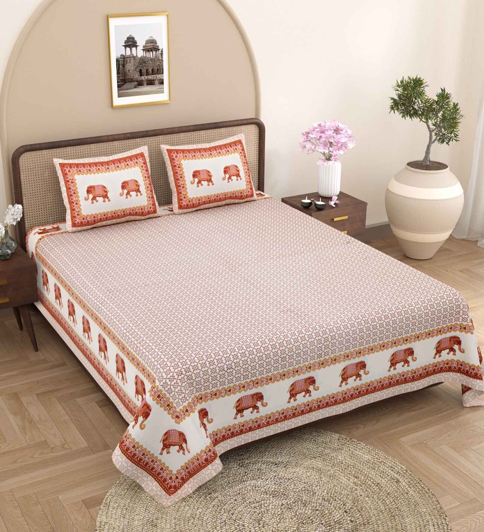 Red Traditional 240 TC Pure Cotton King Sized Double Bedsheet with 2 Pillow Covers