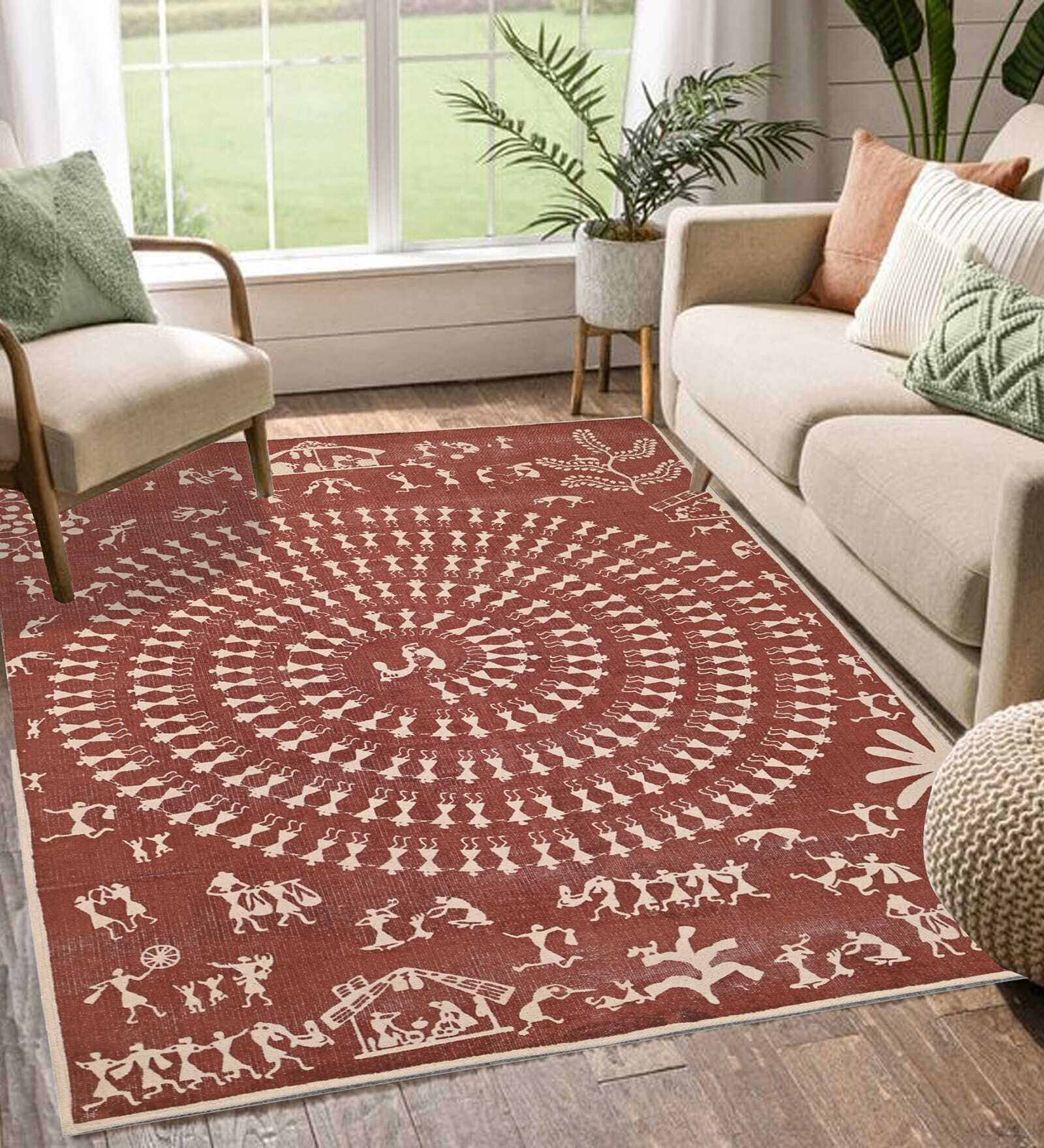 Red Traditional Cotton 4 ft X 6 ft Hand Woven Hand Printed Rug