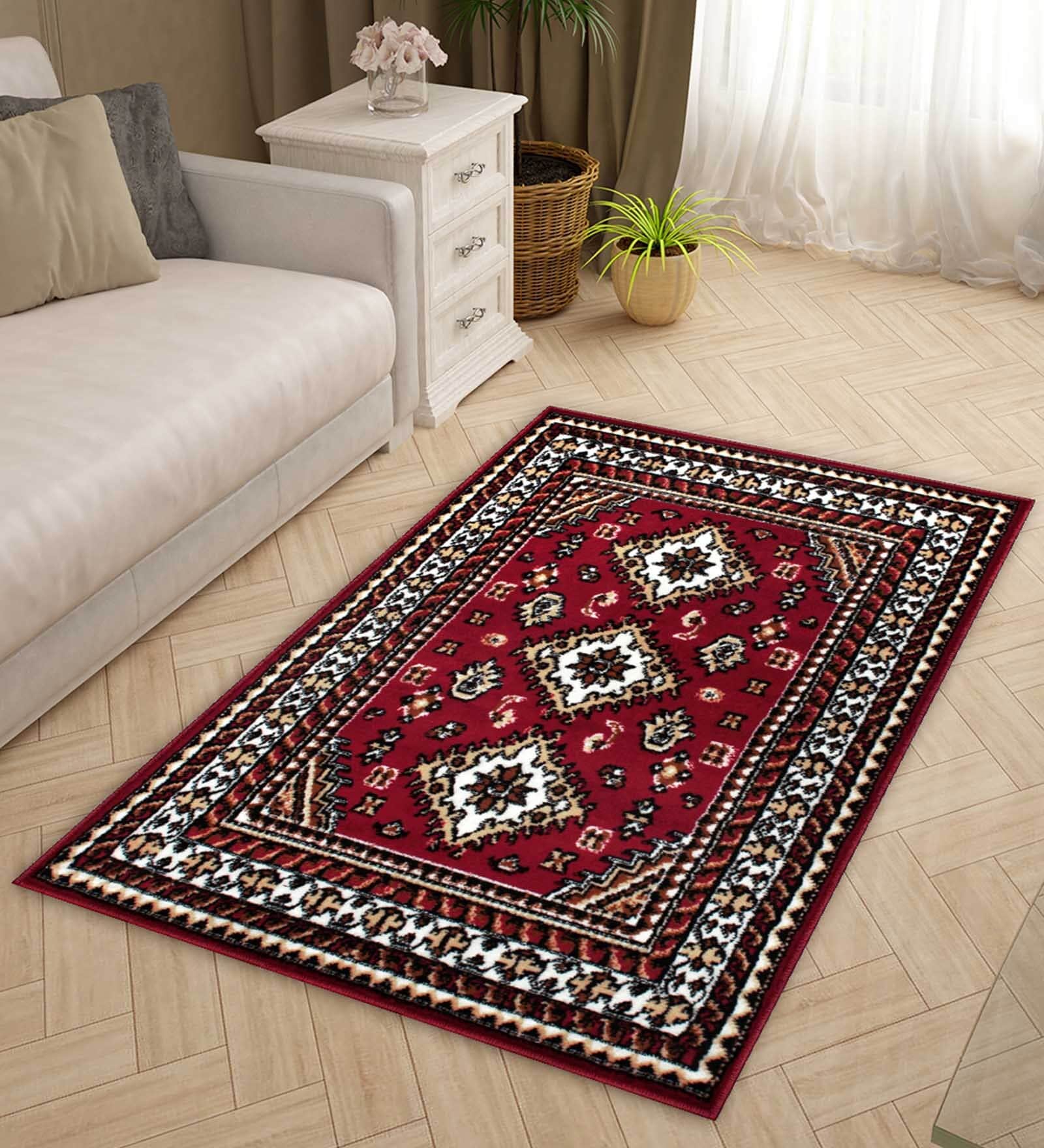 Red Traditional Polyester 3 ft x 5 ft Machine Made Carpet