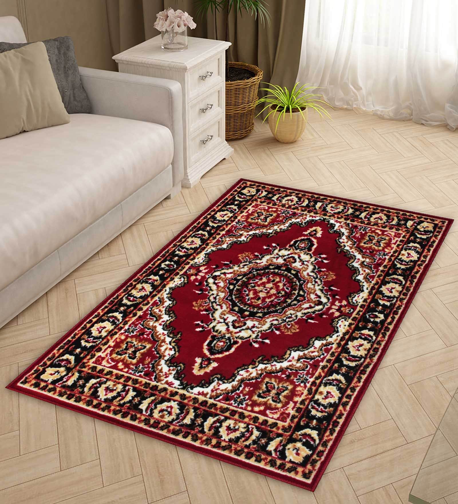 Red Traditional Polyester 3 ft x 5 ft Machine Made Carpet