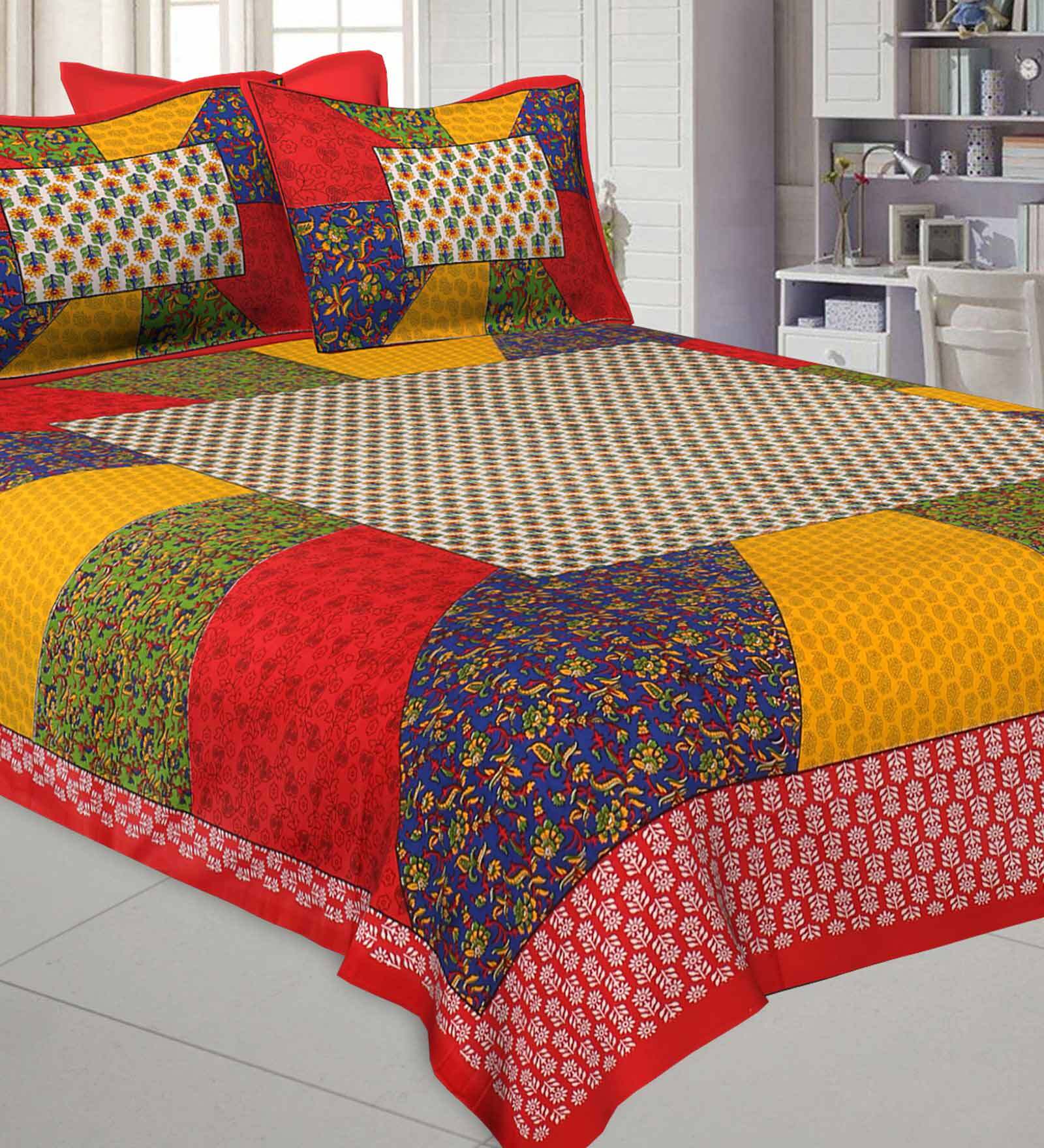 Buy Red Traditional TC 280 Cotton Double Bed Sheet With 2 Pillow Covers