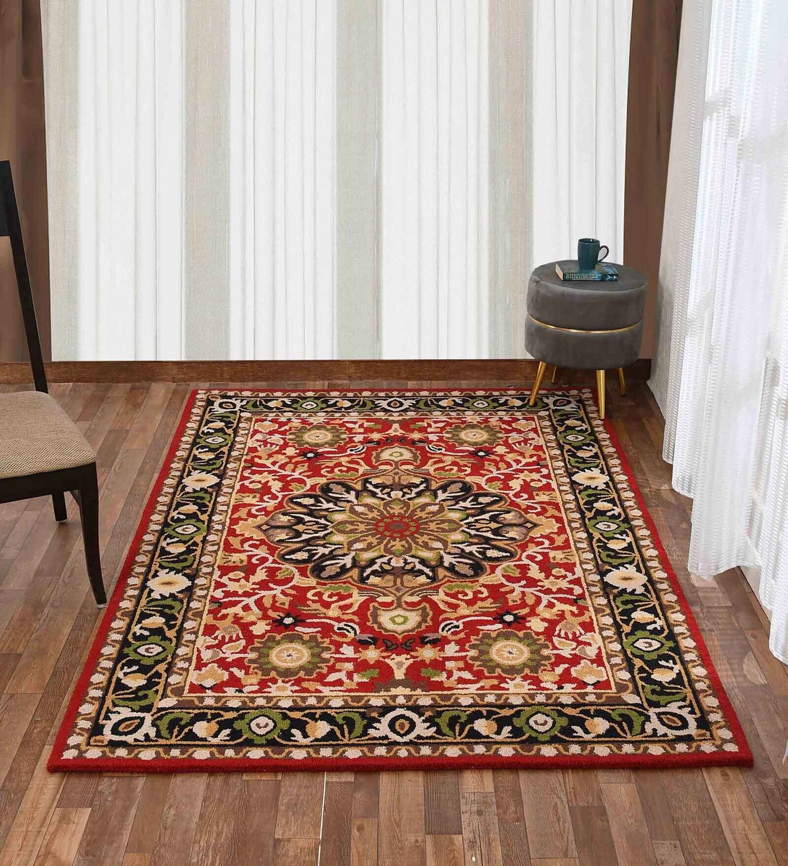 Red Traditional Wool 8 ft x 10 ft Hand Tufted Carpet